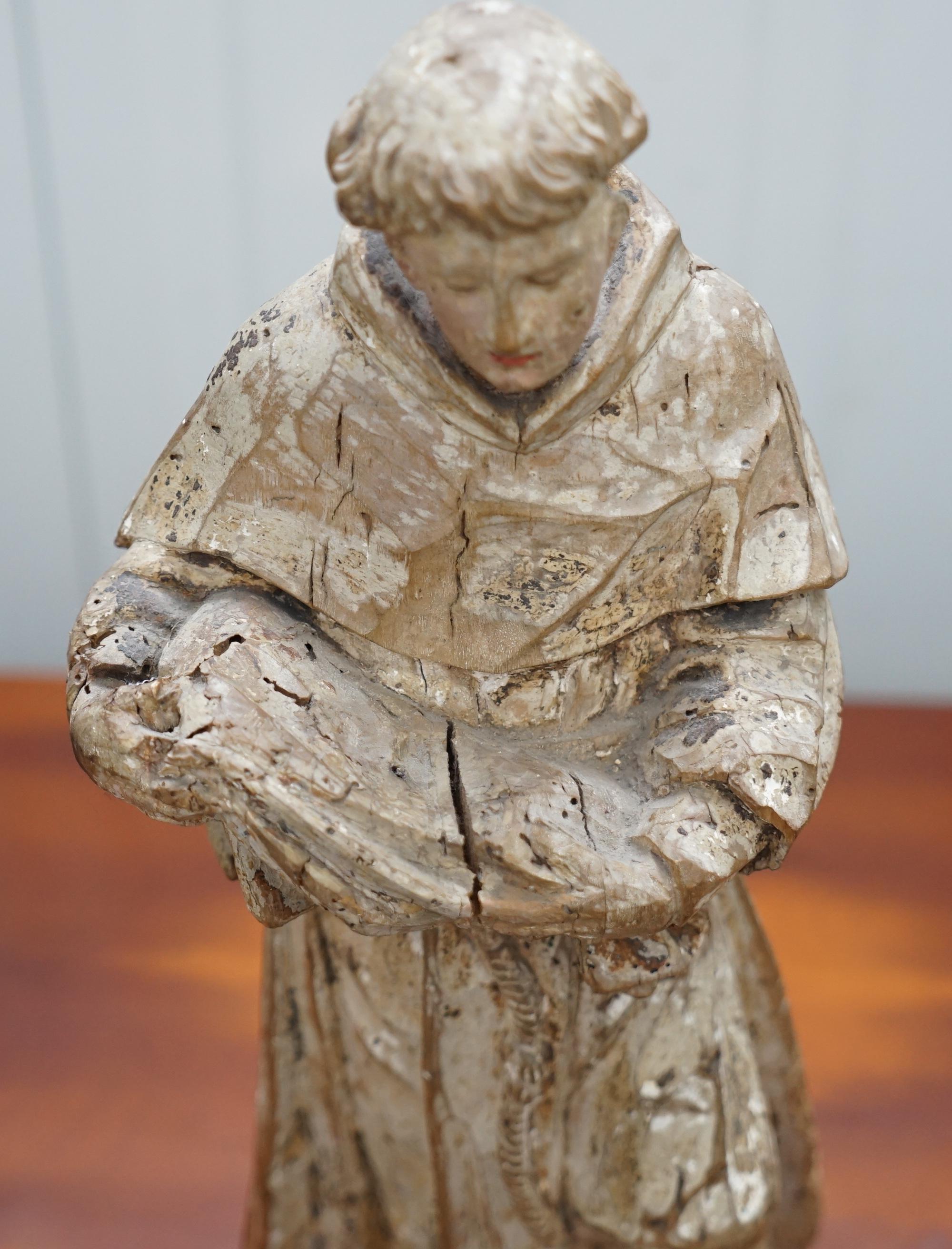 Rare circa 1800 Italian Hand Carved Lime Wood Statue of Saint Anthony of Padua 3