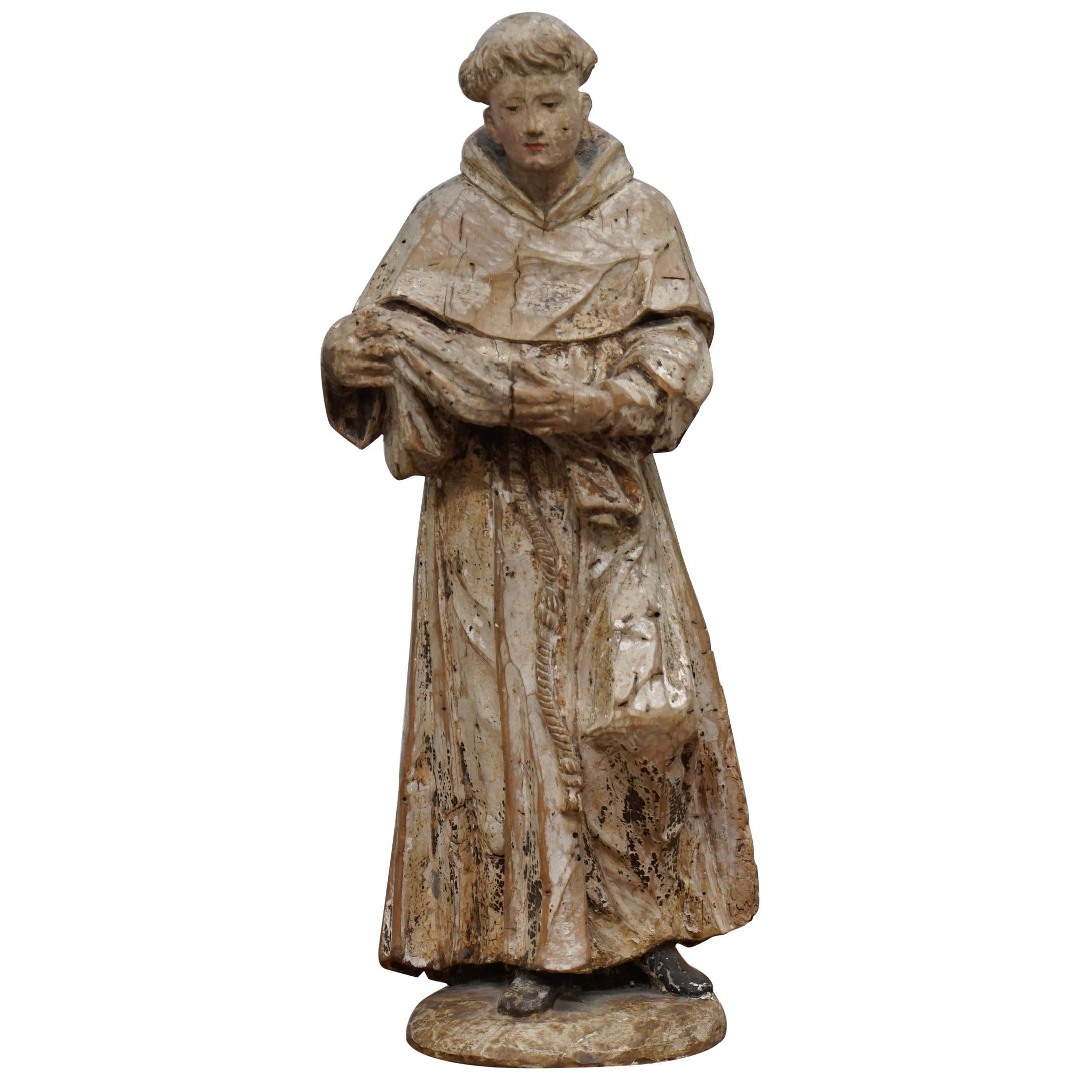 Rare circa 1800 Italian Hand Carved Lime Wood Statue of Saint Anthony of Padua