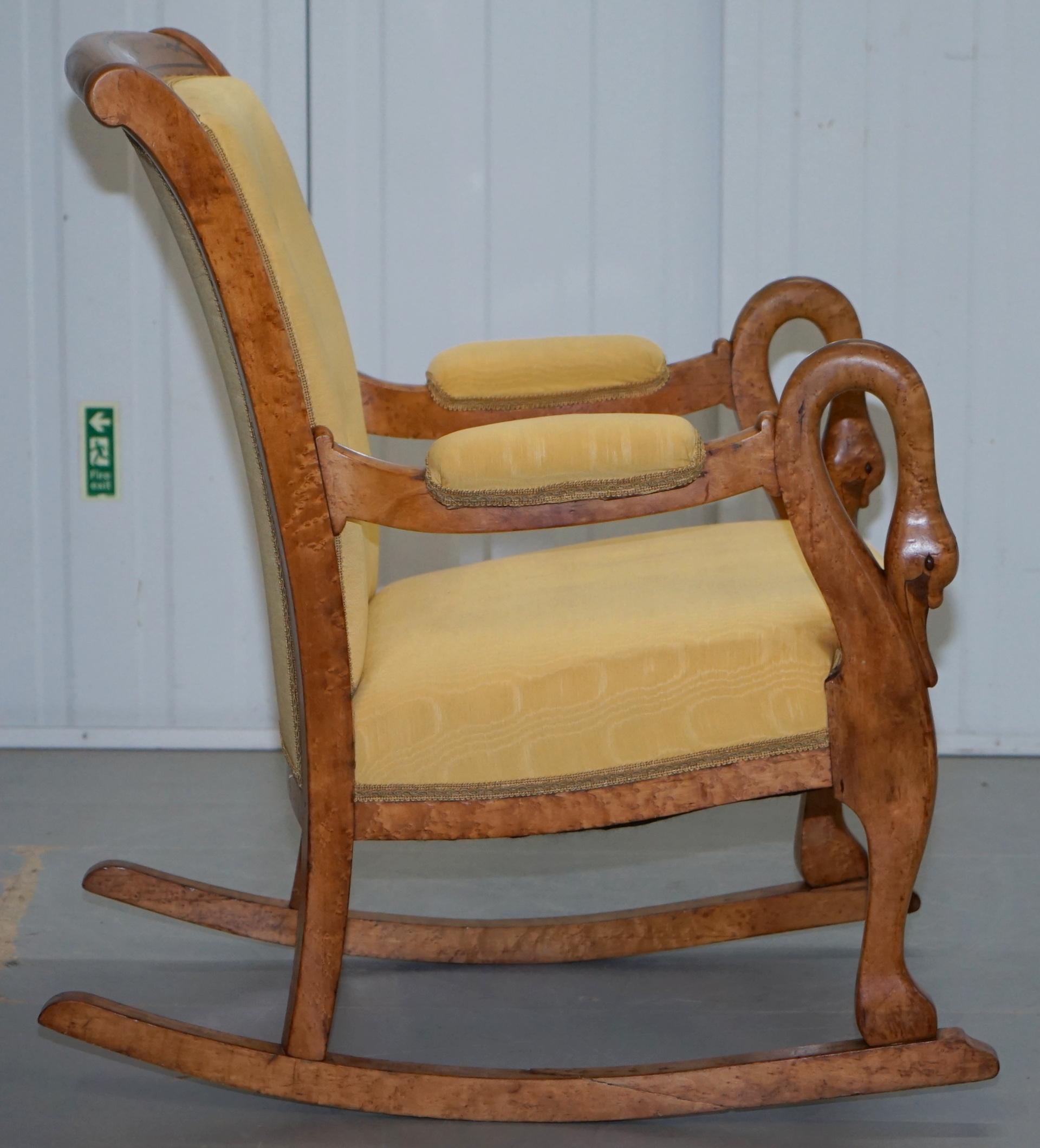 Rare circa 1825 Burr Maple Rocking Armchair with Hand Carved Swan Detailed Arms 7