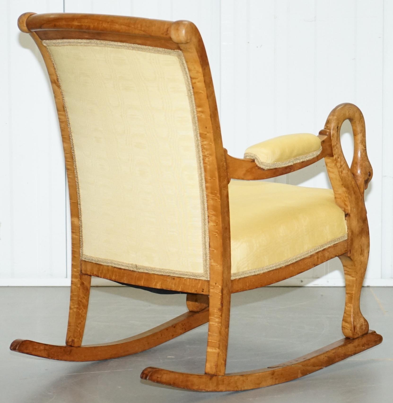 Rare circa 1825 Burr Maple Rocking Armchair with Hand Carved Swan Detailed Arms 8