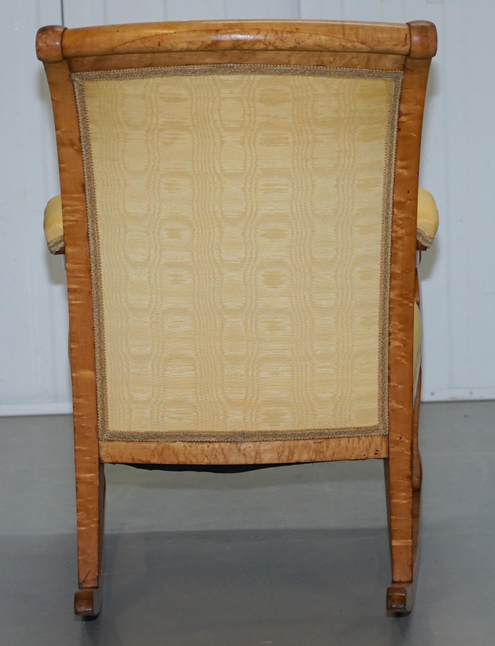Rare circa 1825 Burr Maple Rocking Armchair with Hand Carved Swan Detailed Arms 9