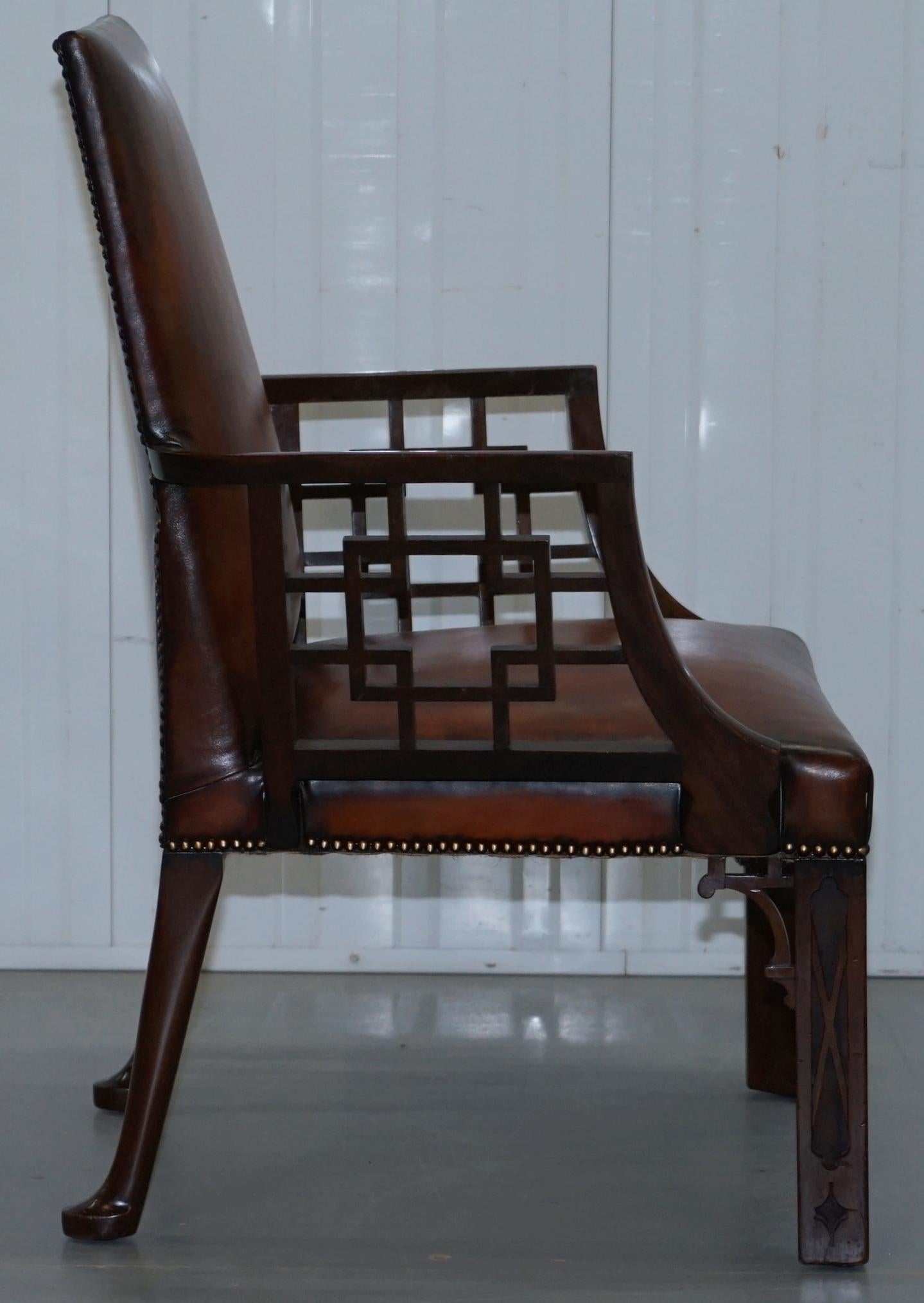 Rare circa 1830 Chinese Chippendale Fully Restored Brown Leather Armchair 9