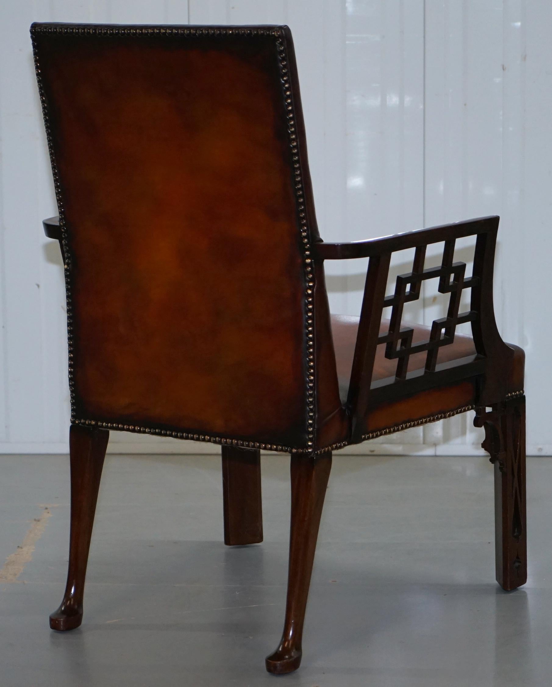 Rare circa 1830 Chinese Chippendale Fully Restored Brown Leather Armchair 12
