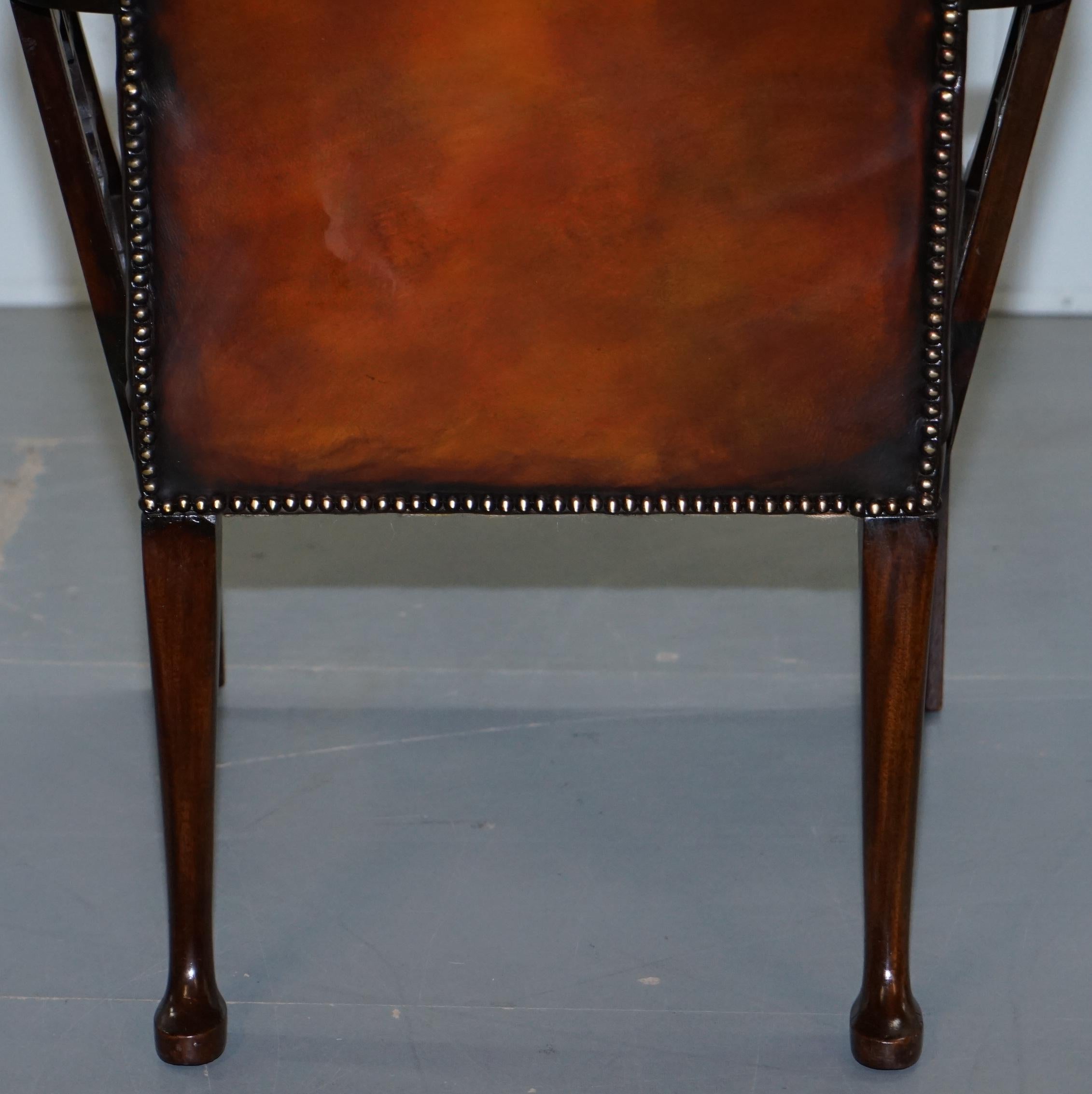 Rare circa 1830 Chinese Chippendale Fully Restored Brown Leather Armchair 14