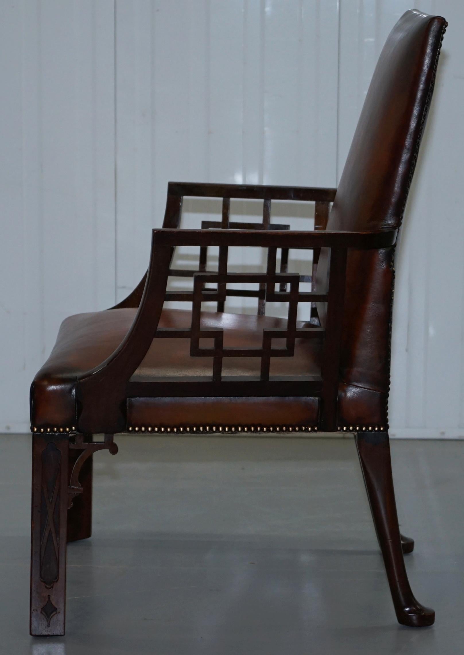 Rare circa 1830 Chinese Chippendale Fully Restored Brown Leather Armchair 15