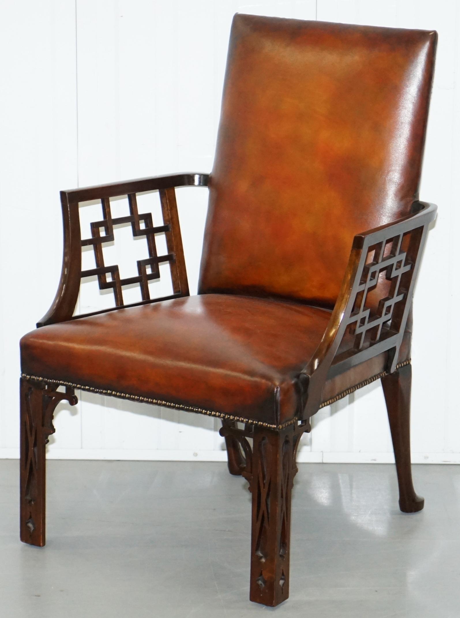 Hand-Crafted Rare circa 1830 Chinese Chippendale Fully Restored Brown Leather Armchair