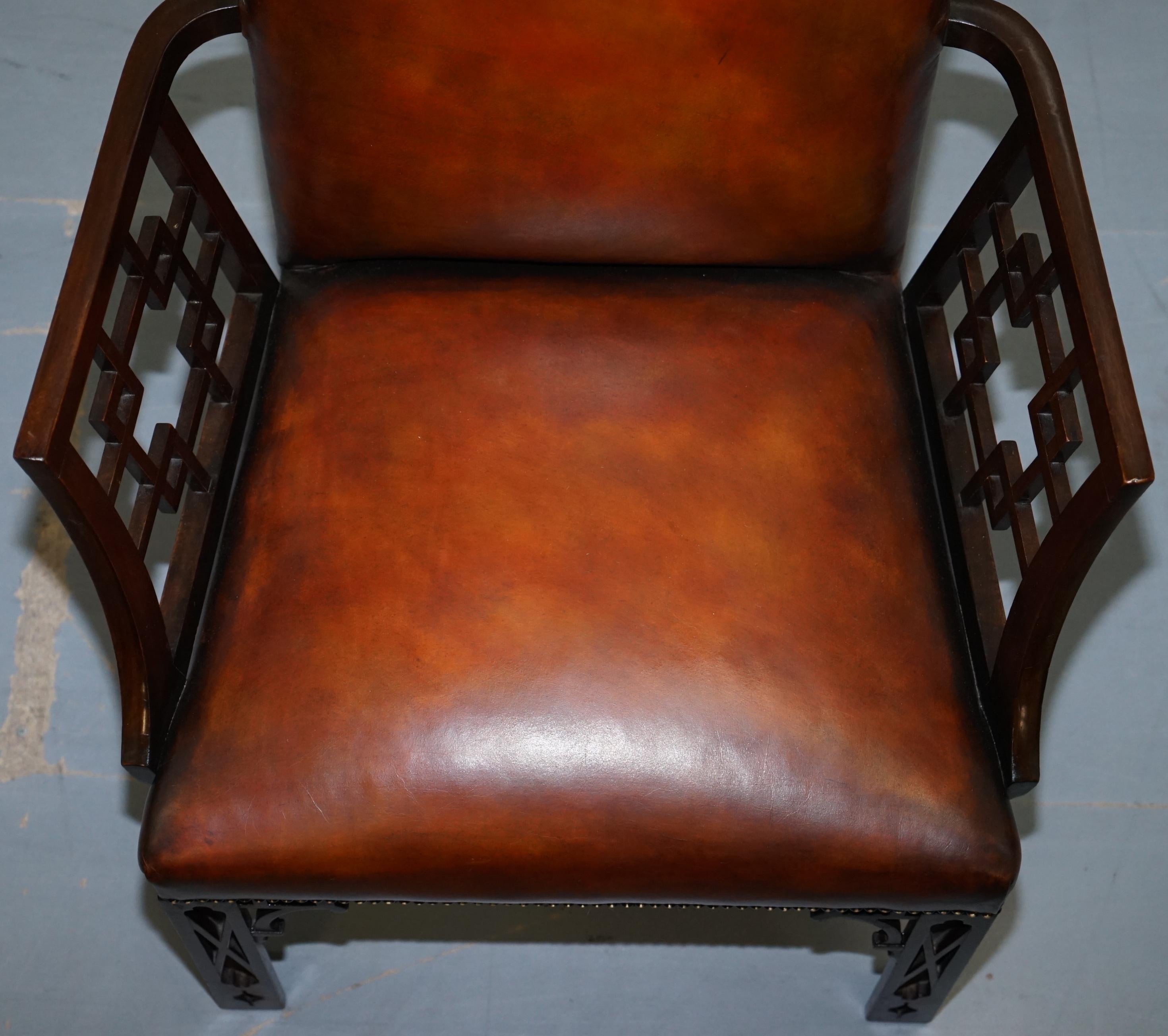 Rare circa 1830 Chinese Chippendale Fully Restored Brown Leather Armchair 1
