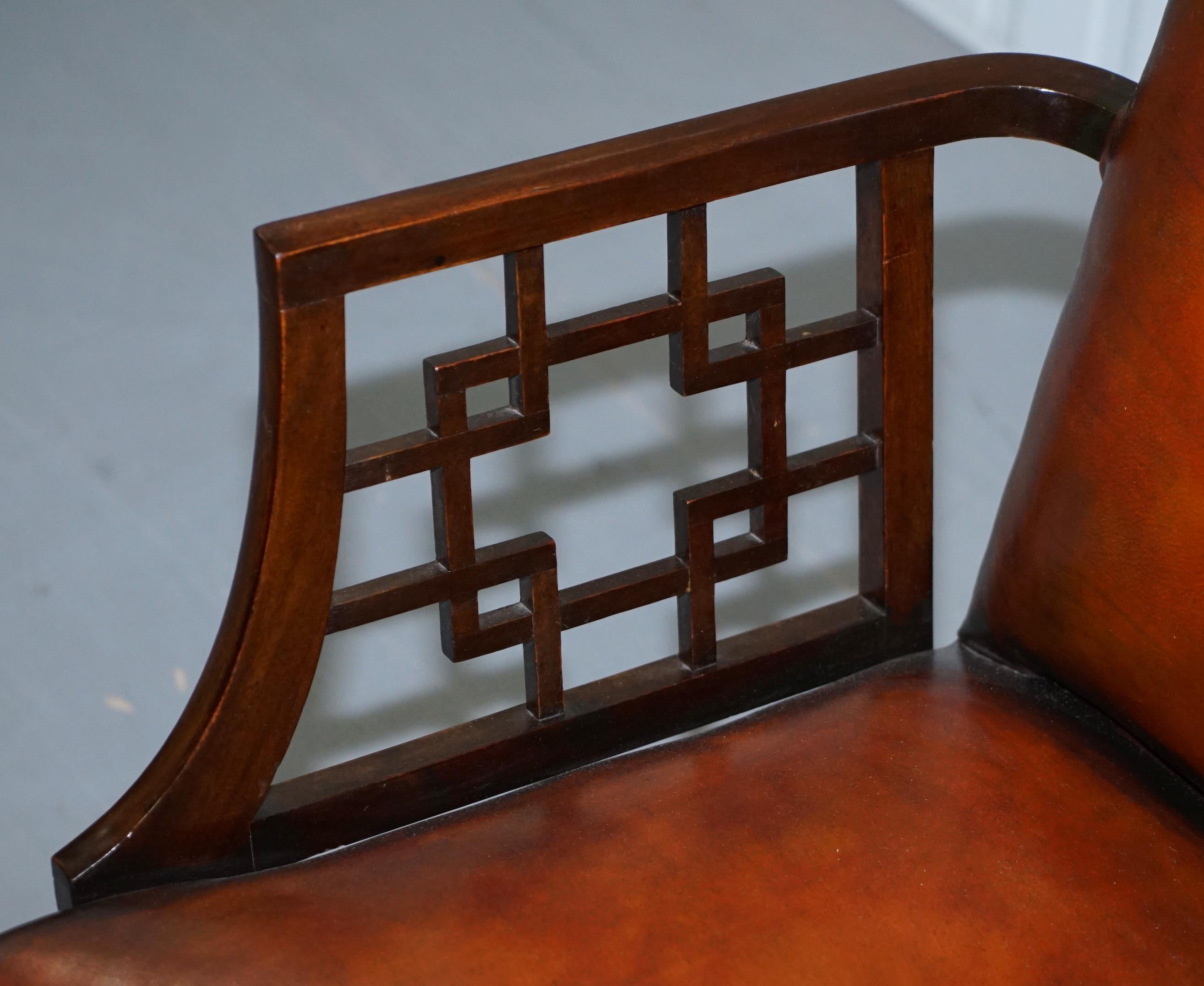 Rare circa 1830 Chinese Chippendale Fully Restored Brown Leather Armchair 2