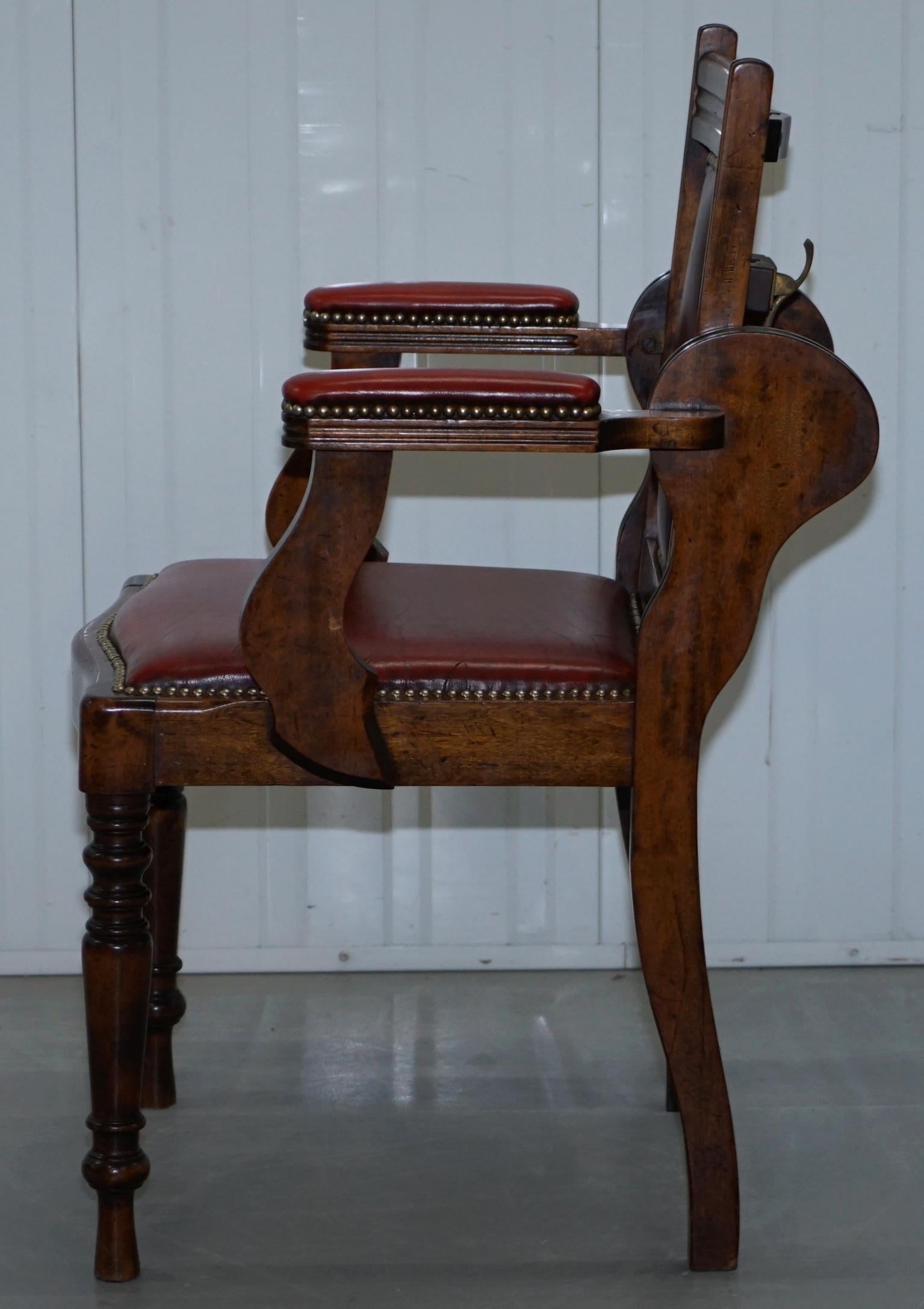 Rare circa 1850 Solid English Oak Leather Adjustable Barbers Chair Reclining 3