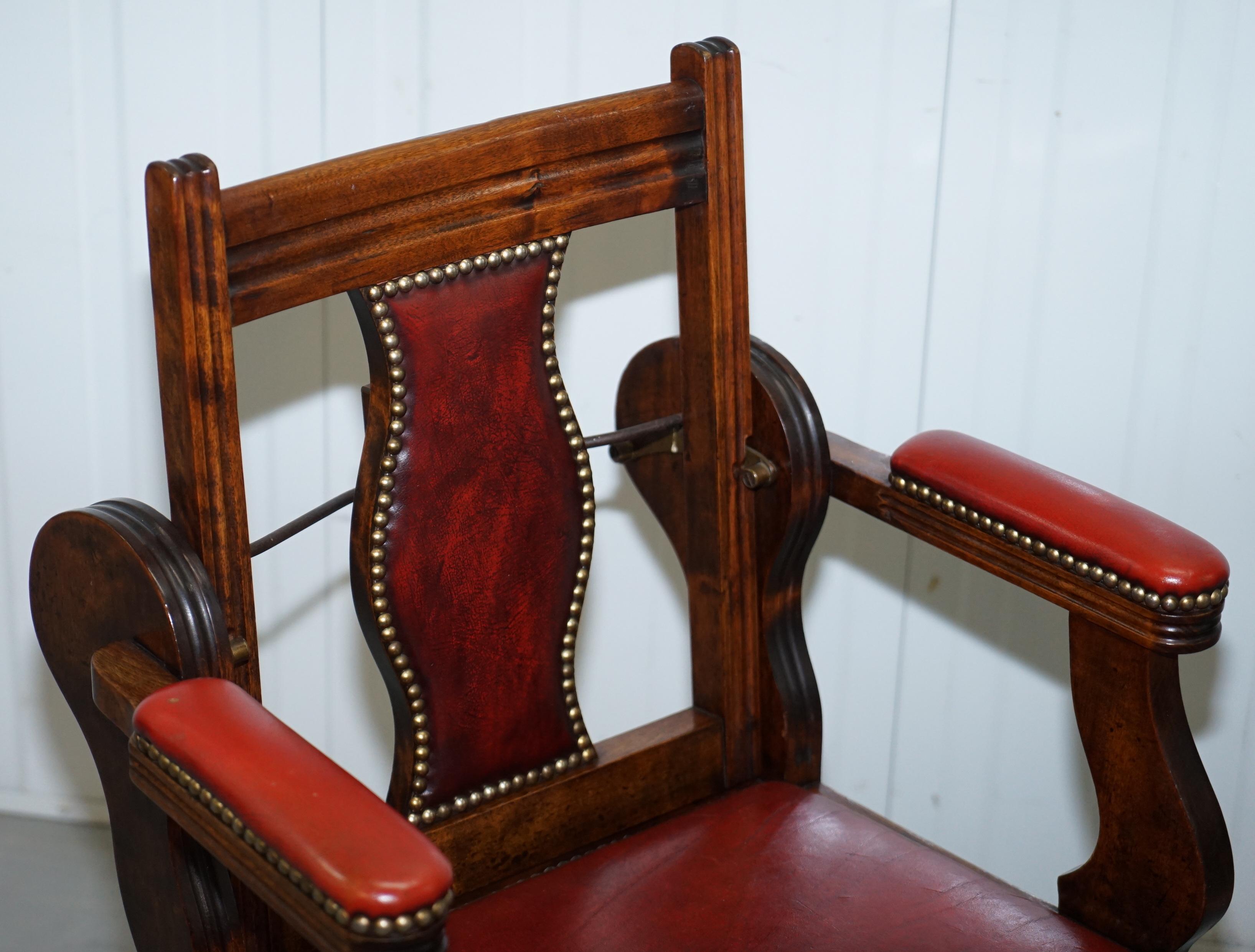 Rare circa 1850 Solid English Oak Leather Adjustable Barbers Chair Reclining 6