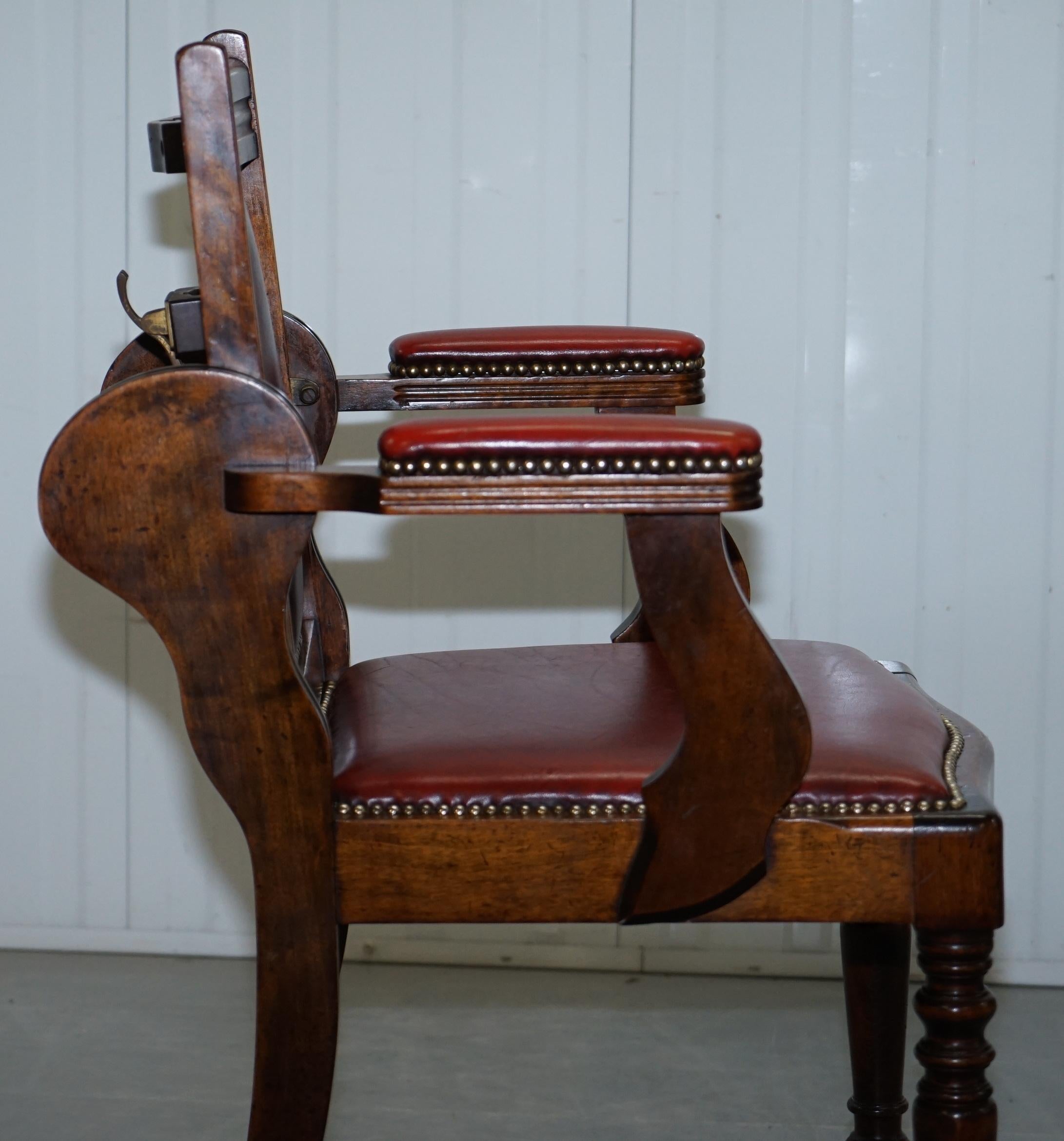 Rare circa 1850 Solid English Oak Leather Adjustable Barbers Chair Reclining 7
