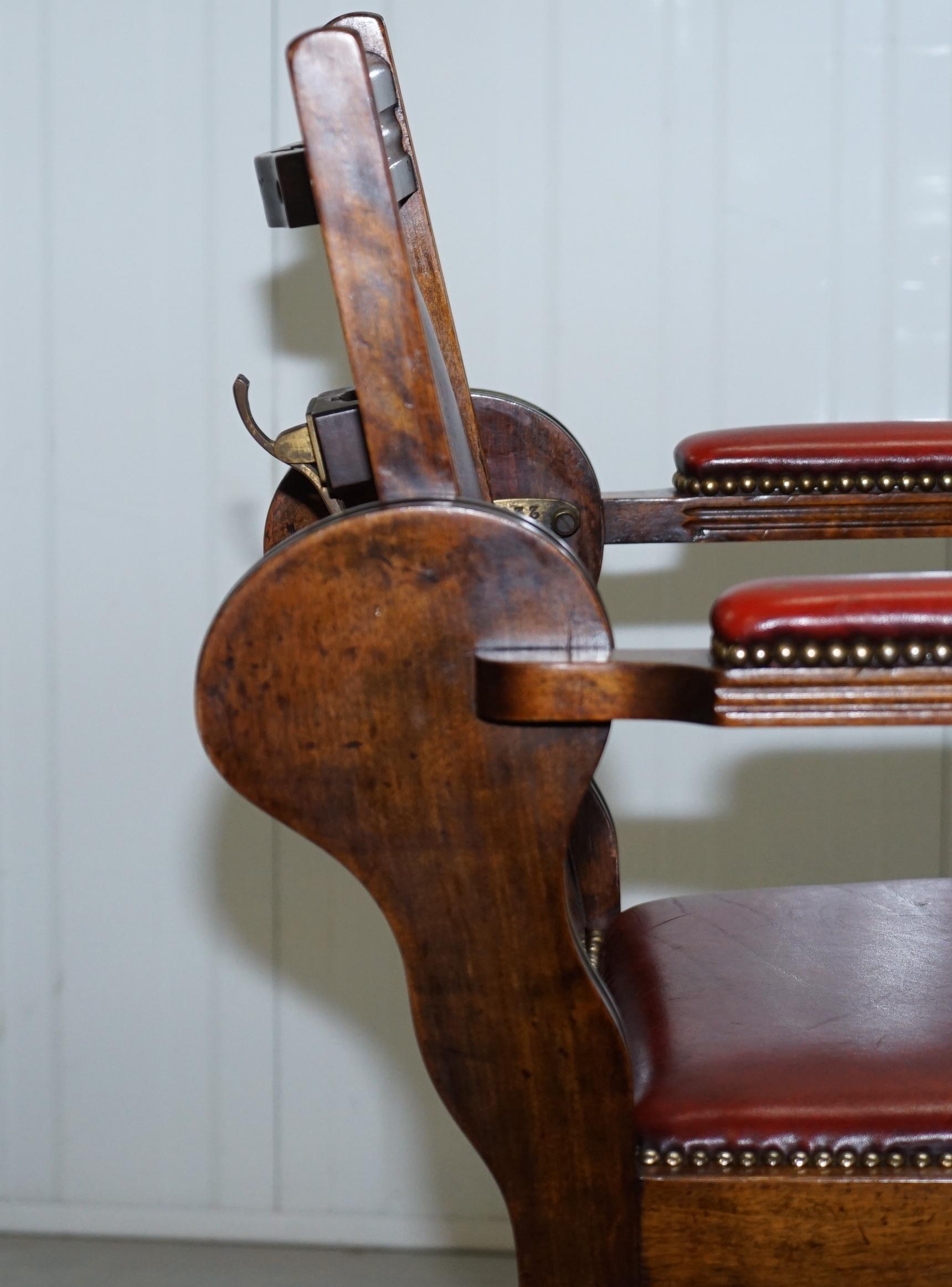 Rare circa 1850 Solid English Oak Leather Adjustable Barbers Chair Reclining 8
