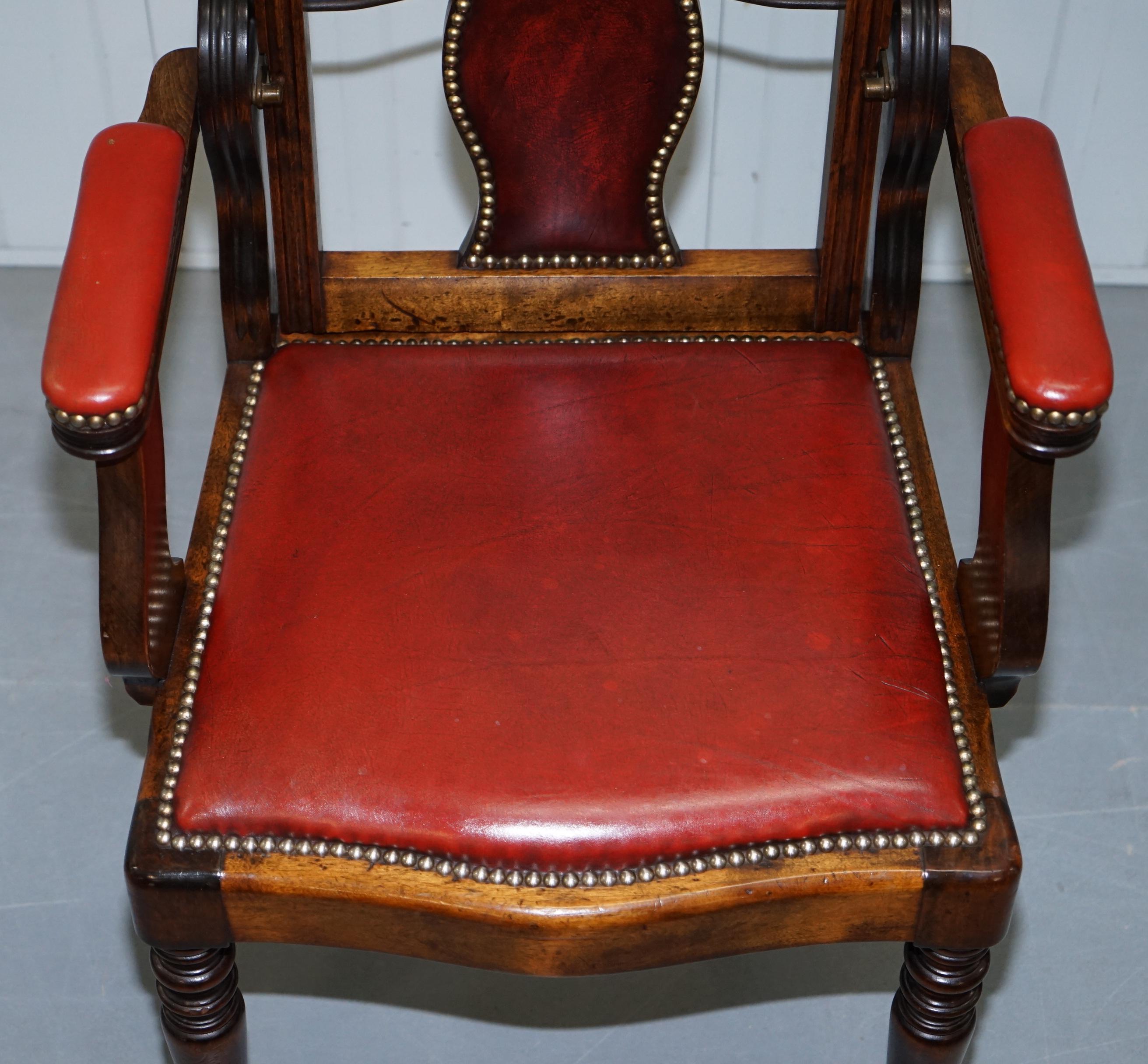 19th Century Rare circa 1850 Solid English Oak Leather Adjustable Barbers Chair Reclining