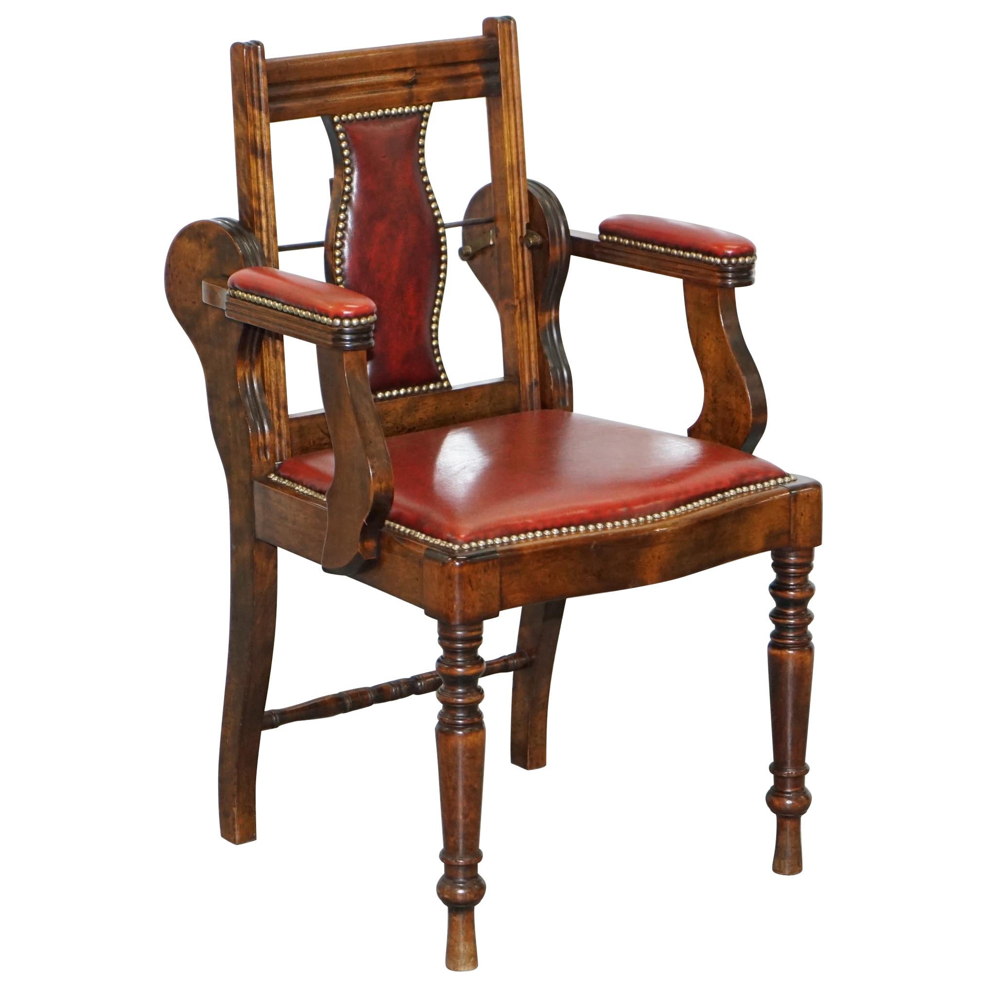 Rare circa 1850 Solid English Oak Leather Adjustable Barbers Chair Reclining