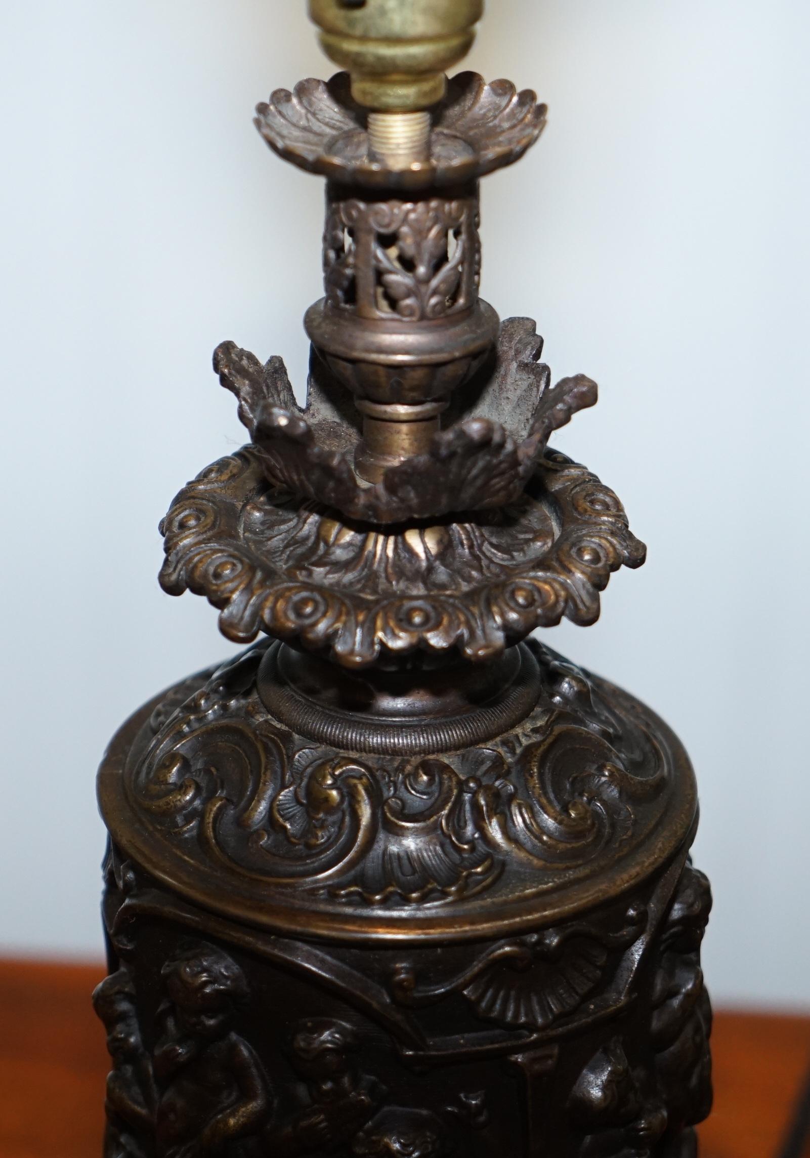 Rare circa 1860 Bronzed Cherub Putti Angel Oil Lamp Converted into Table Lamp 6