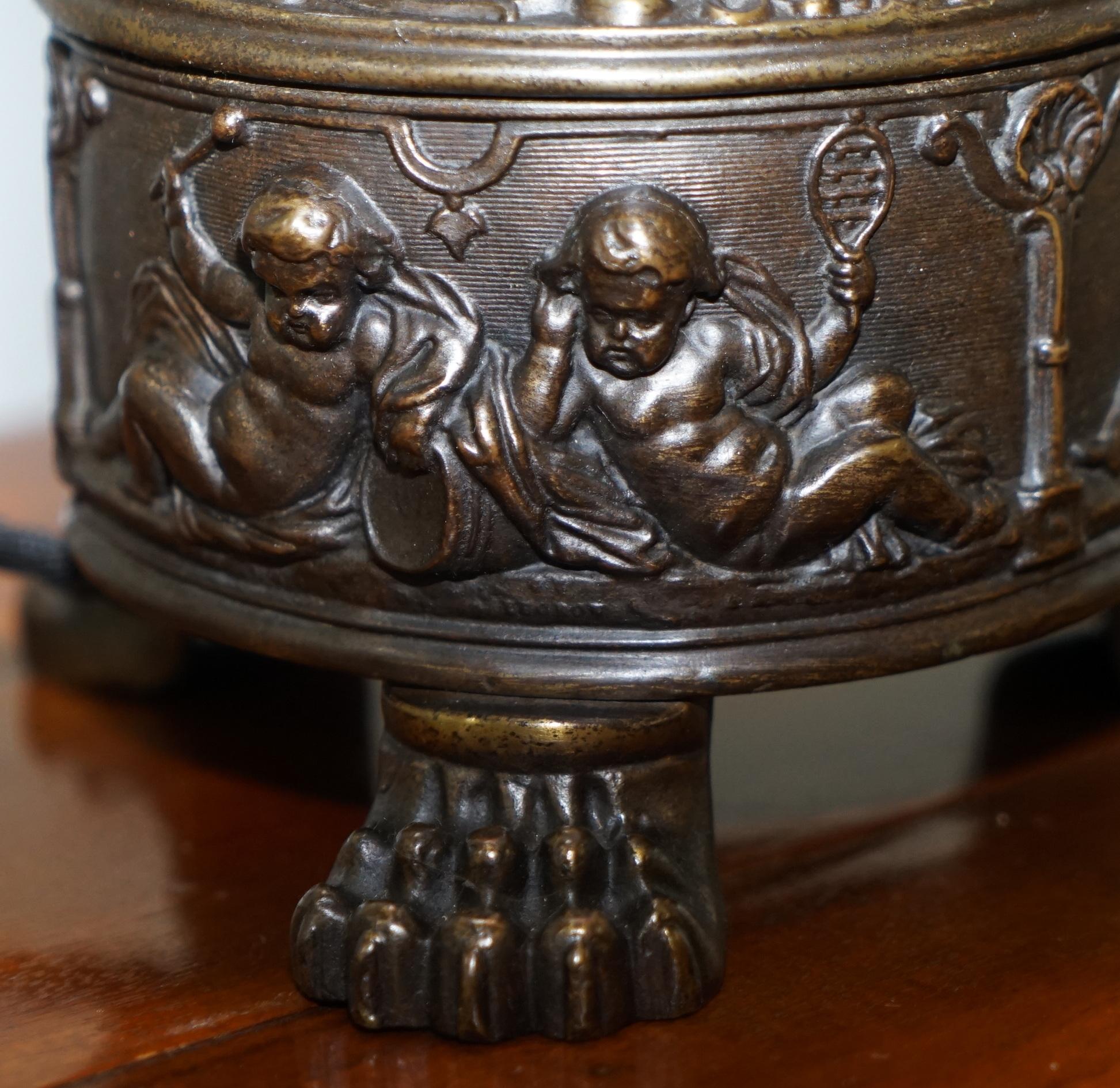 Hand-Crafted Rare circa 1860 Bronzed Cherub Putti Angel Oil Lamp Converted into Table Lamp