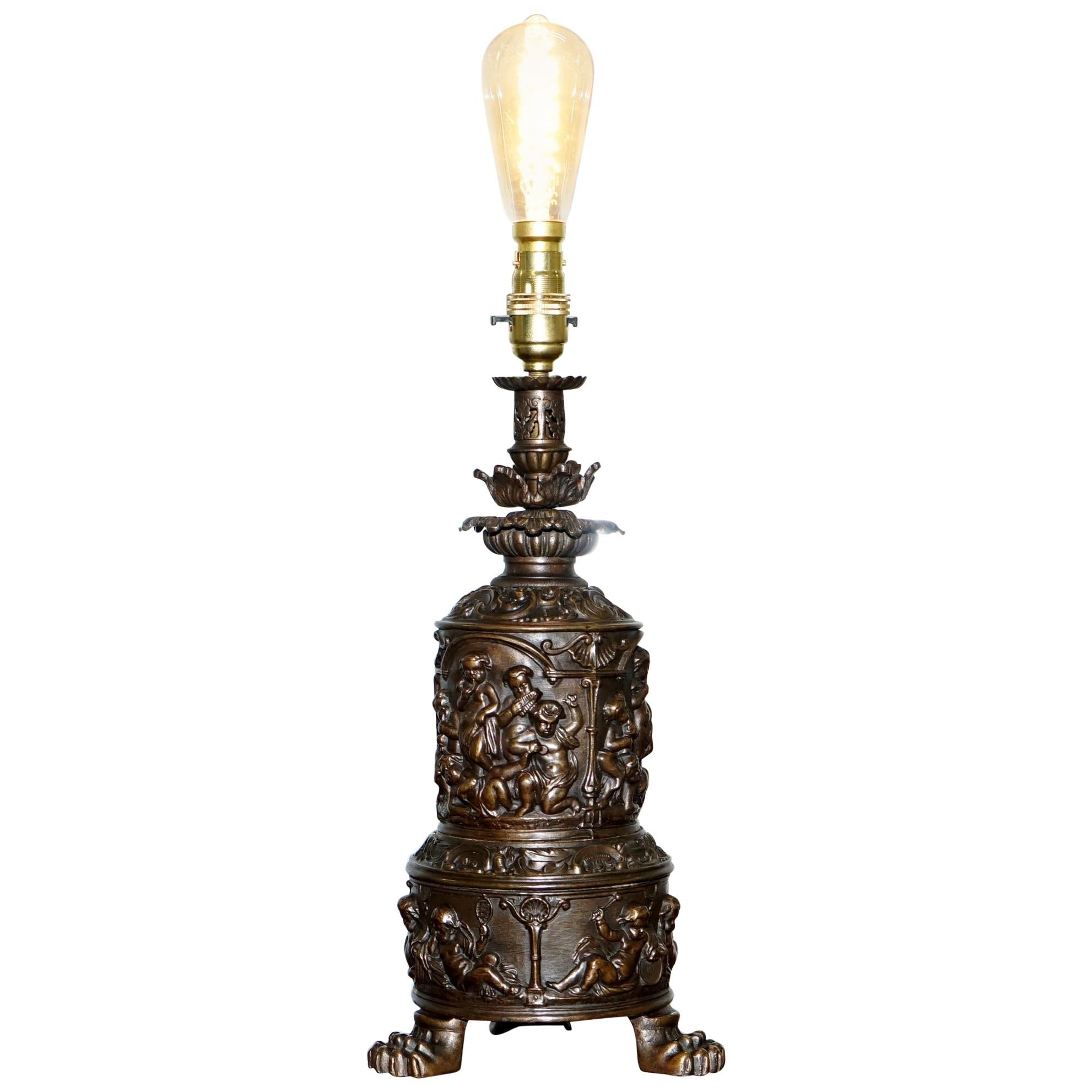 Rare circa 1860 Bronzed Cherub Putti Angel Oil Lamp Converted into Table Lamp