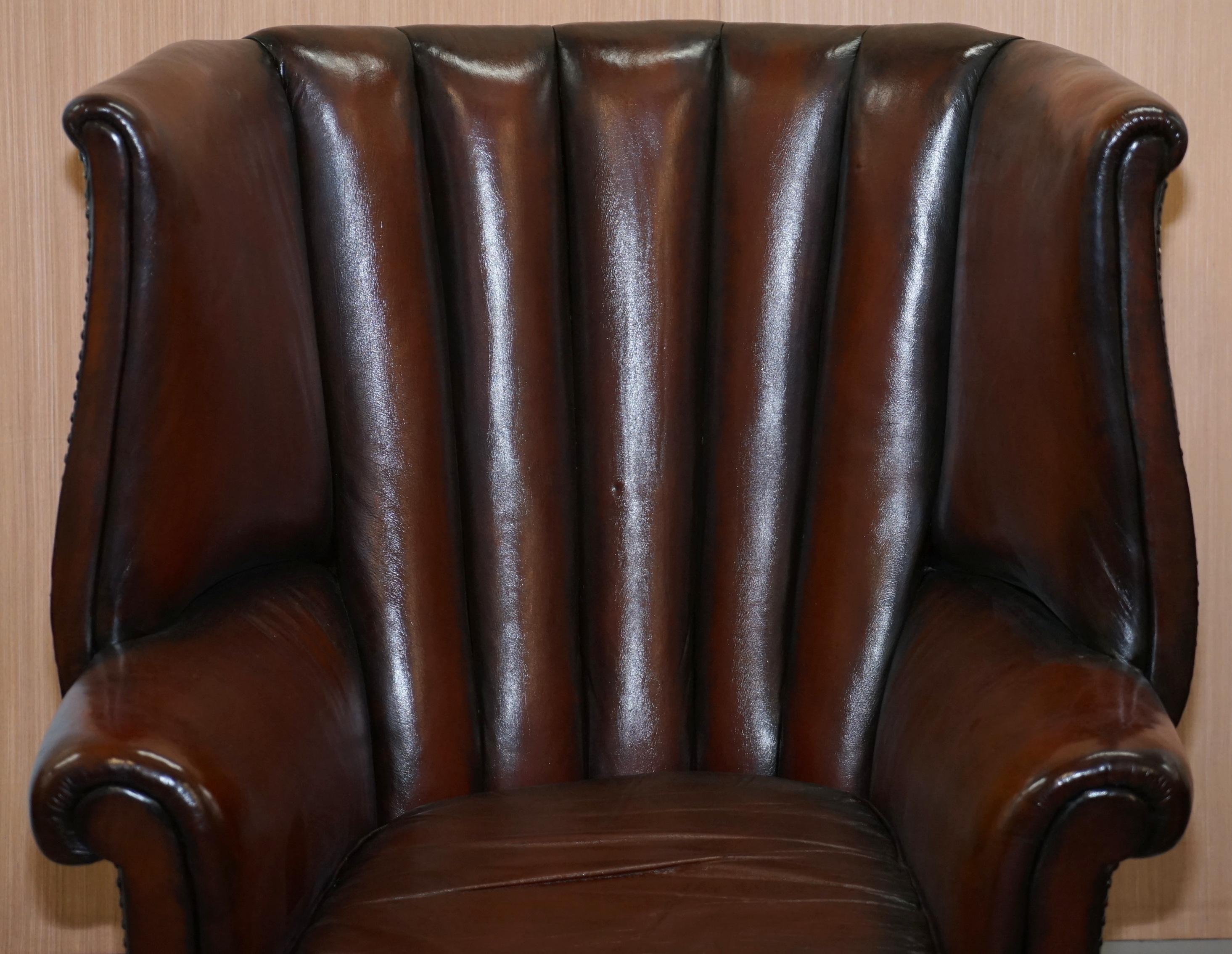 Rare circa 1860 Huge Victorian Brown Leather Barrel Back Suite Sofa Armchair For Sale 7