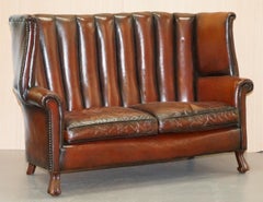 Rare circa 1860 Huge Victorian Brown Leather Barrel Back Suite Sofa Armchair
