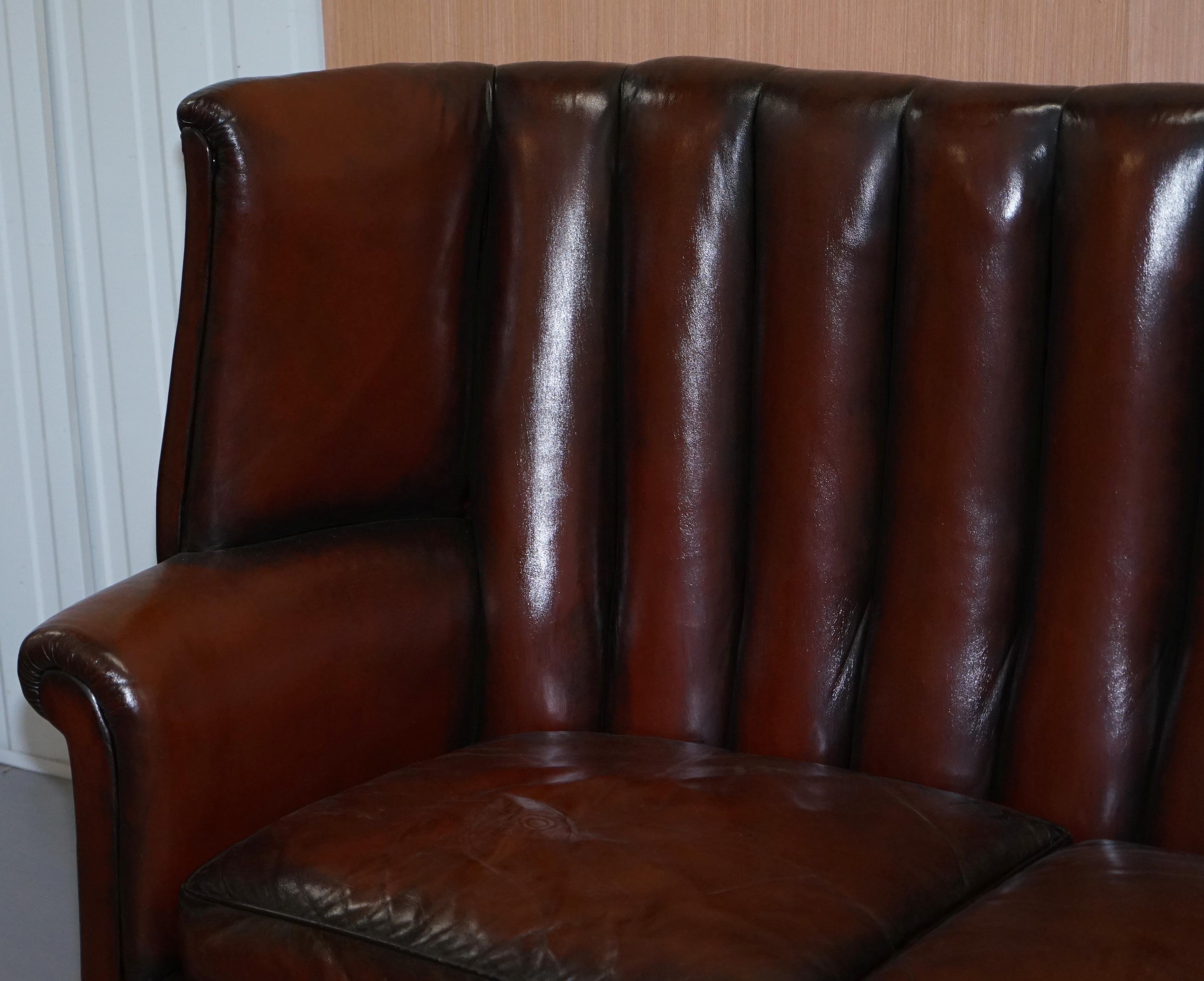 Hand-Crafted Rare circa 1860 Huge Victorian Brown Leather Barrel Back Suite Sofa Armchair For Sale
