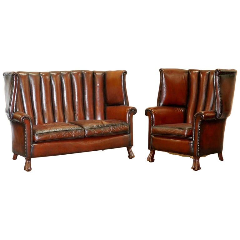 Rare circa 1860 Huge Victorian Brown Leather Barrel Back Suite Sofa Armchair For Sale at 1stDibs