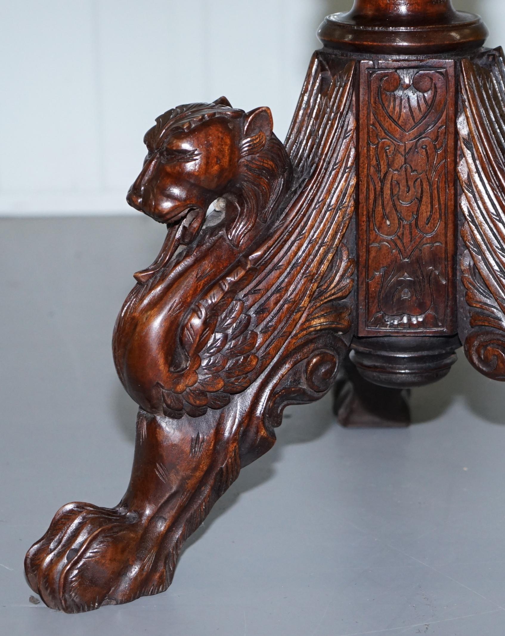 Rare circa 1860 Marble & Mahogany Chess Games Tripod Table Carved Wood Griffins 6
