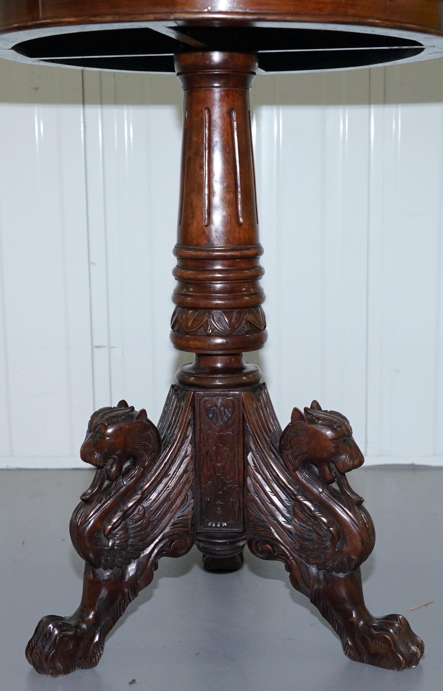 Hand-Crafted Rare circa 1860 Marble & Mahogany Chess Games Tripod Table Carved Wood Griffins
