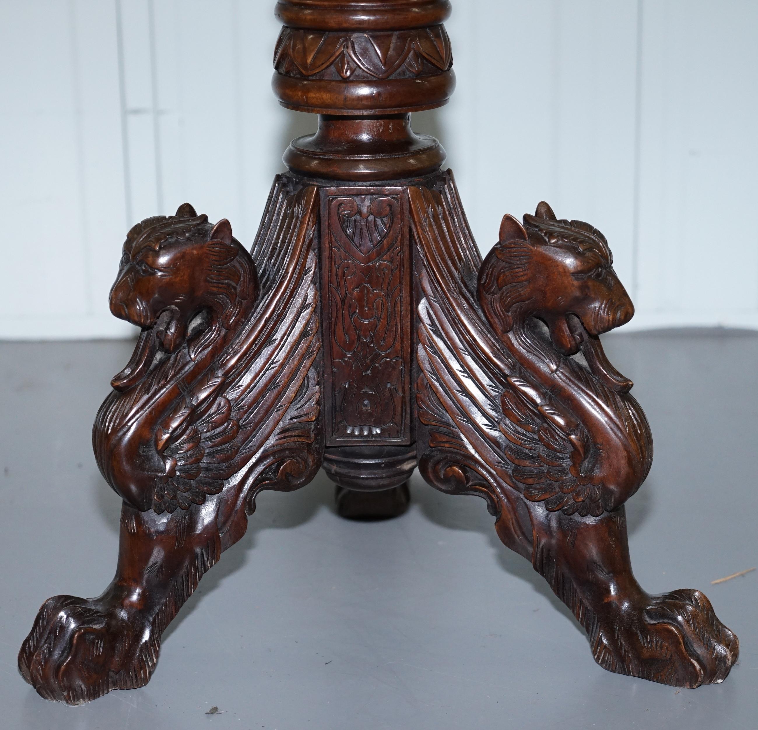 Mid-19th Century Rare circa 1860 Marble & Mahogany Chess Games Tripod Table Carved Wood Griffins
