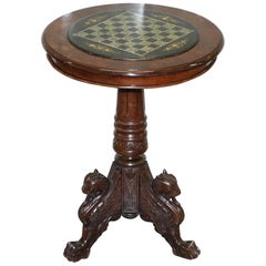 Rare circa 1860 Marble & Mahogany Chess Games Tripod Table Carved Wood Griffins