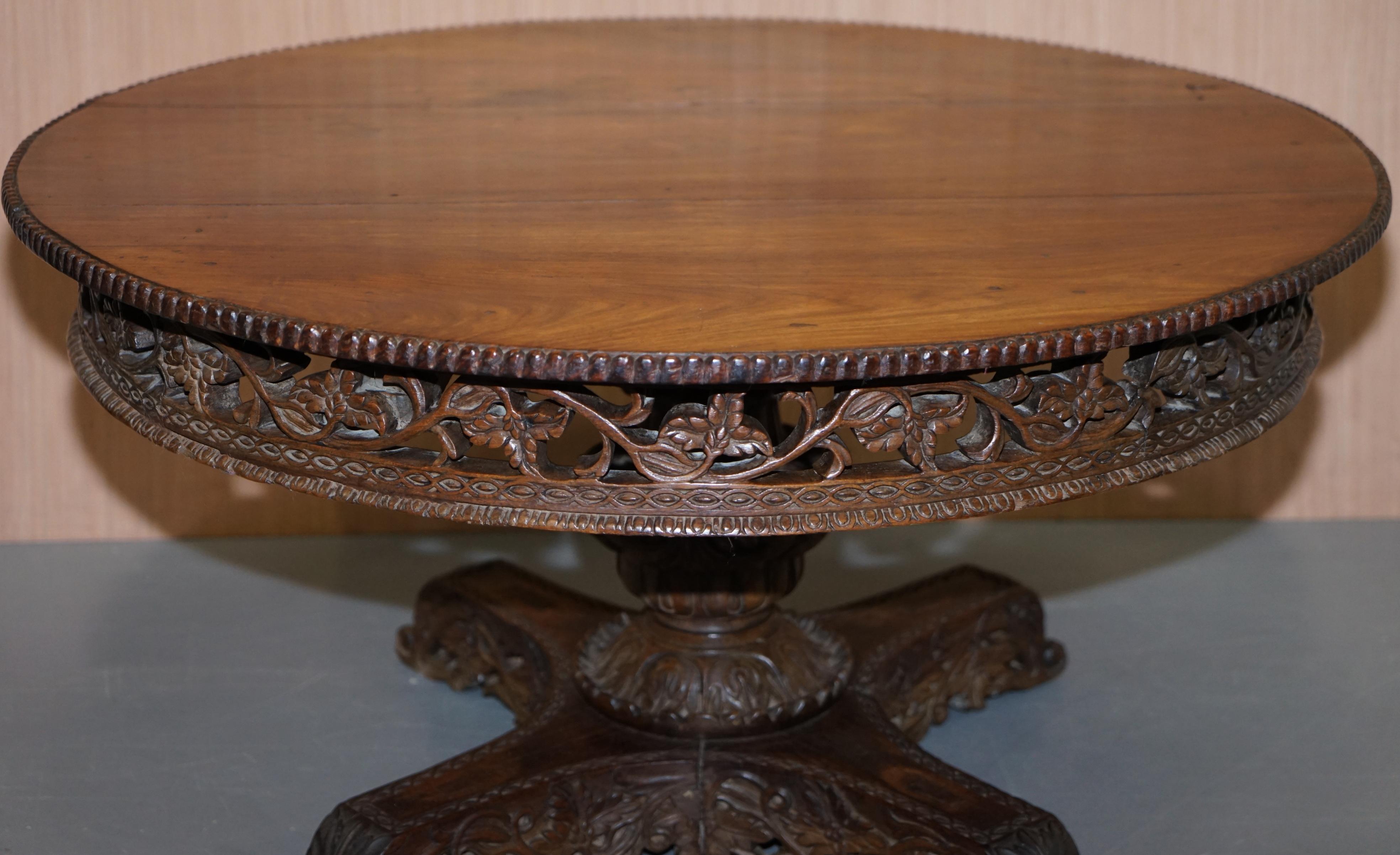 Hardwood Rare circa 1880 Anglo Indian Hand Carved Centre Coffee Occasional Table Burmese For Sale
