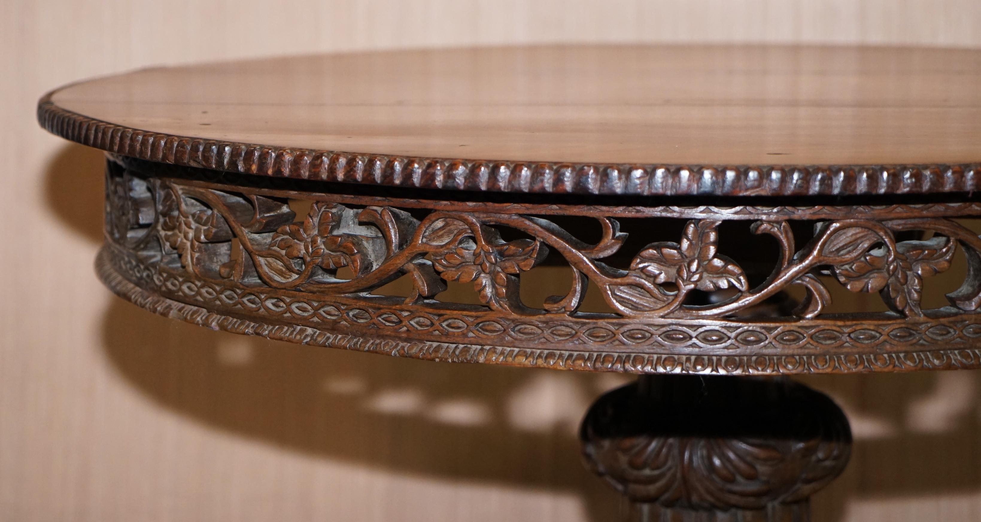 Rare circa 1880 Anglo Indian Hand Carved Centre Coffee Occasional Table Burmese For Sale 2