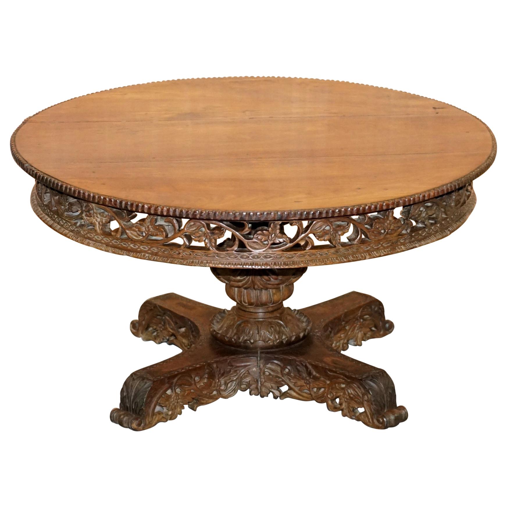 Rare circa 1880 Anglo Indian Hand Carved Centre Coffee Occasional Table Burmese For Sale