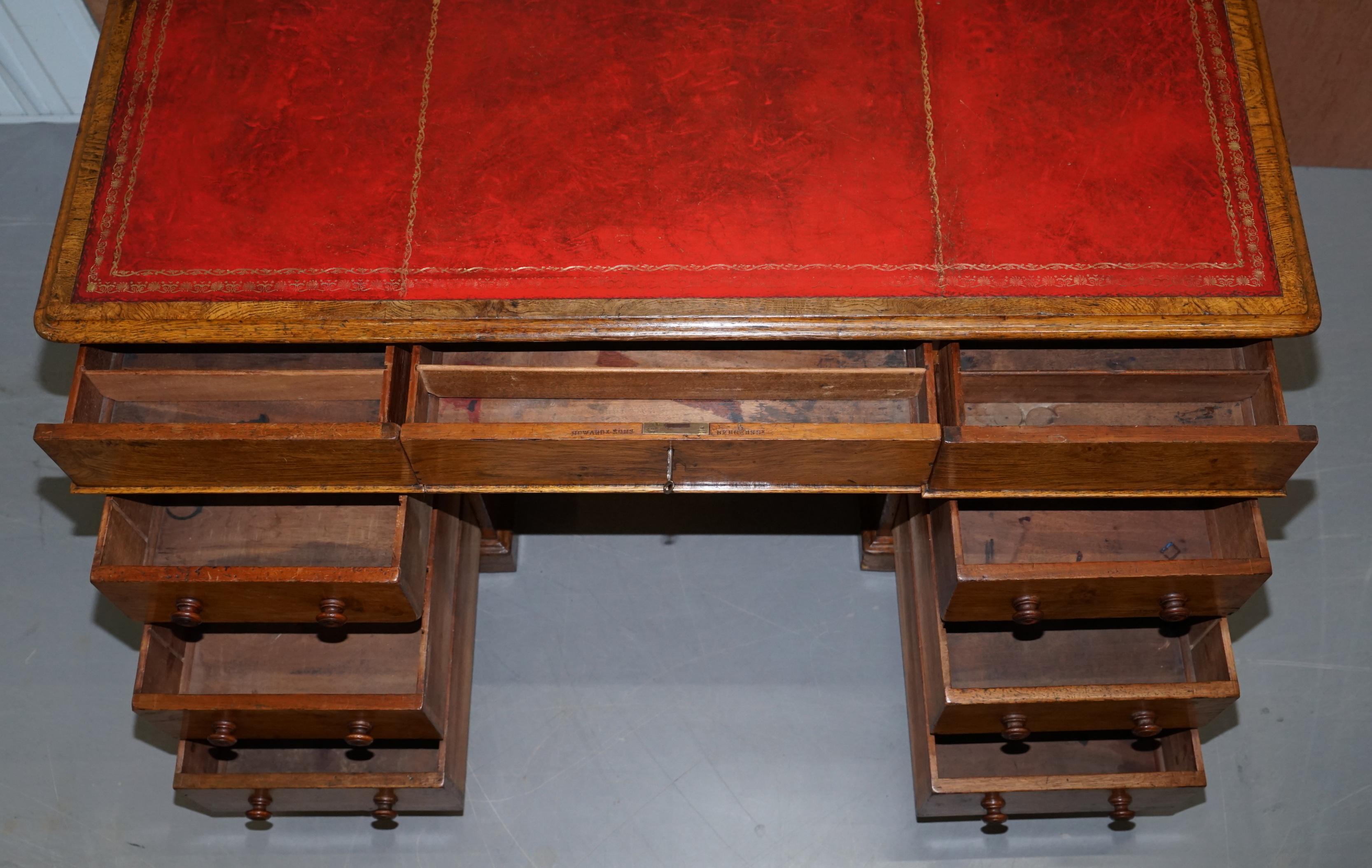 Rare circa 1880 Antique Howard & Son's Pollard Oak Patner Desk Oxblood Leather For Sale 11