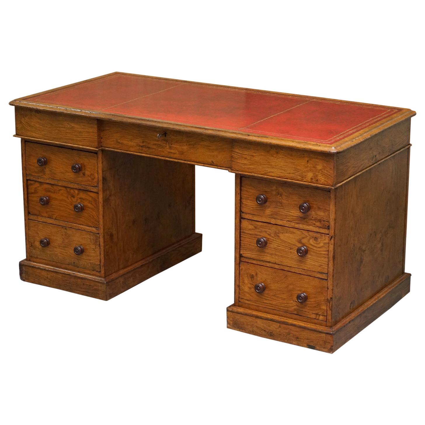 Rare circa 1880 Antique Howard & Son's Pollard Oak Patner Desk Oxblood Leather