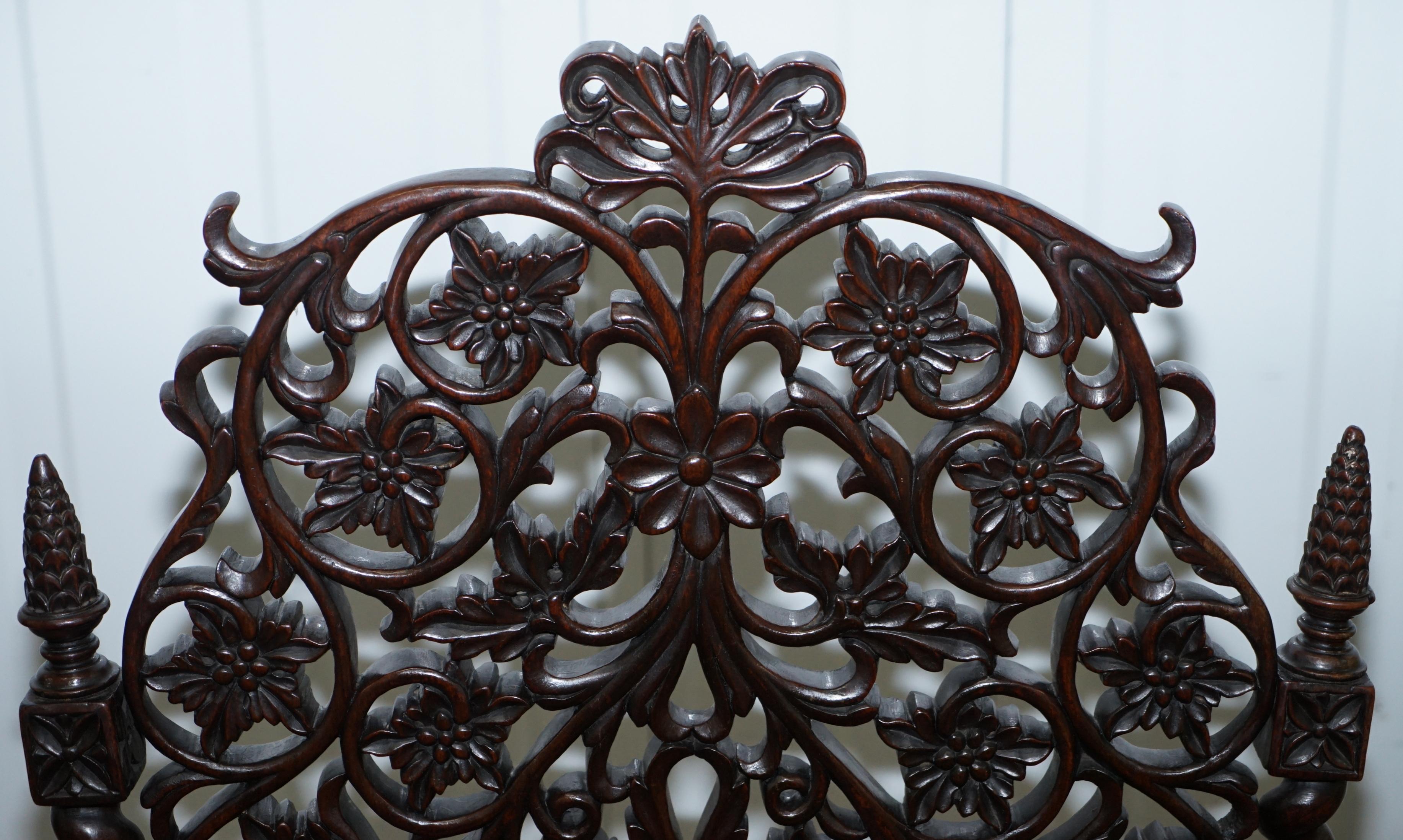 Rare circa 1880 Burmese Solid Hardwood Hand Carved Floral Chair High Back Ornate For Sale 2