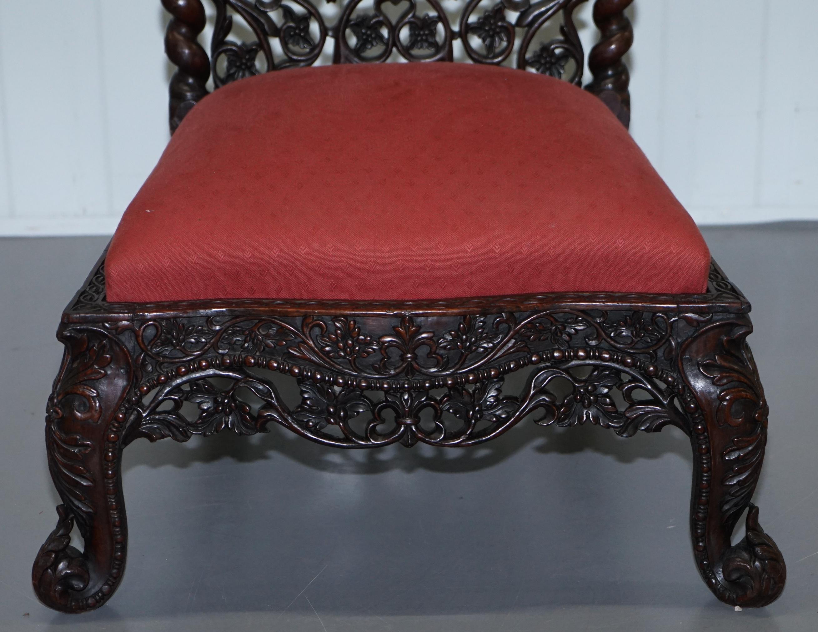 Rare circa 1880 Burmese Solid Hardwood Hand Carved Floral Chair High Back Ornate For Sale 4