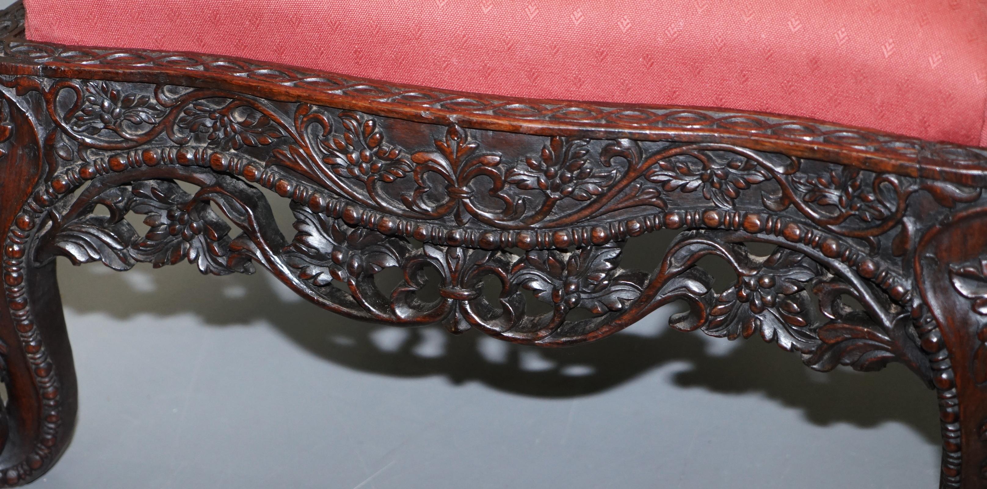 Rare circa 1880 Burmese Solid Hardwood Hand Carved Floral Chair High Back Ornate For Sale 5