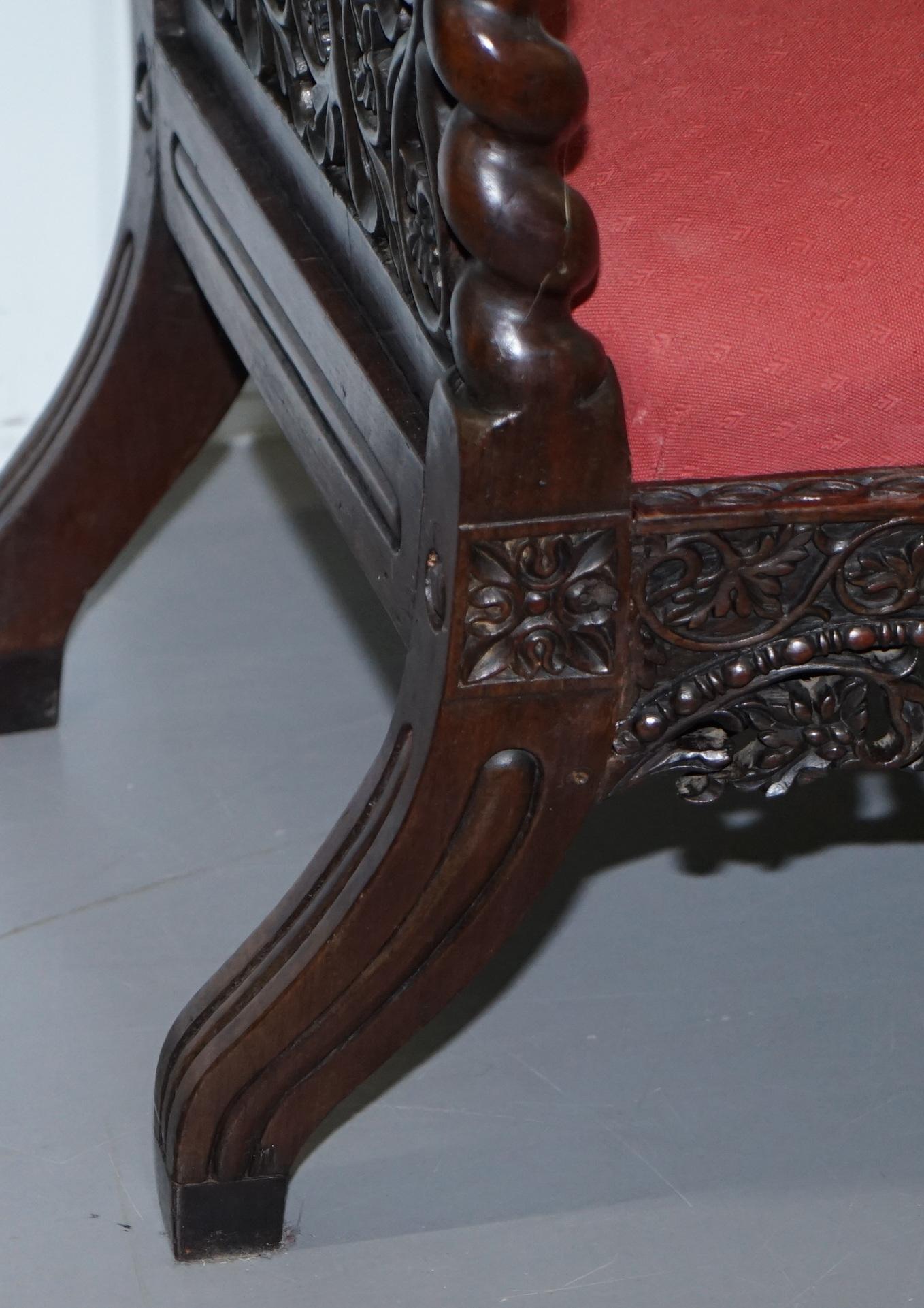 Rare circa 1880 Burmese Solid Hardwood Hand Carved Floral Chair High Back Ornate For Sale 6