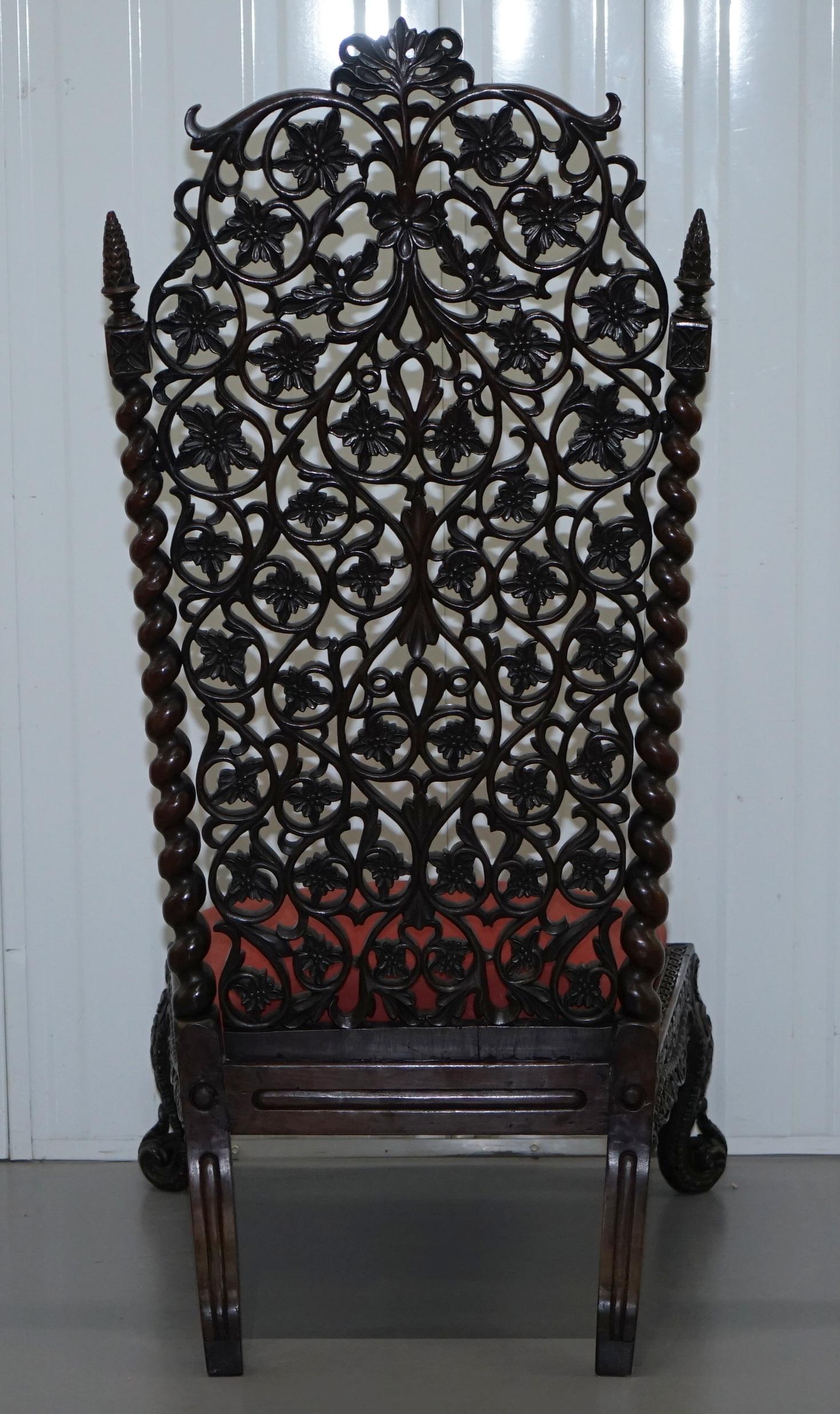 Rare circa 1880 Burmese Solid Hardwood Hand Carved Floral Chair High Back Ornate For Sale 7