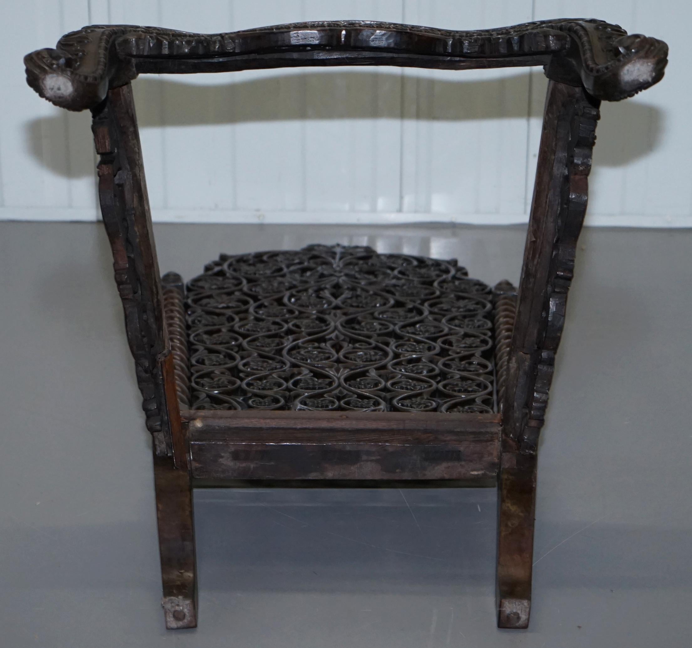 Rare circa 1880 Burmese Solid Hardwood Hand Carved Floral Chair High Back Ornate For Sale 9