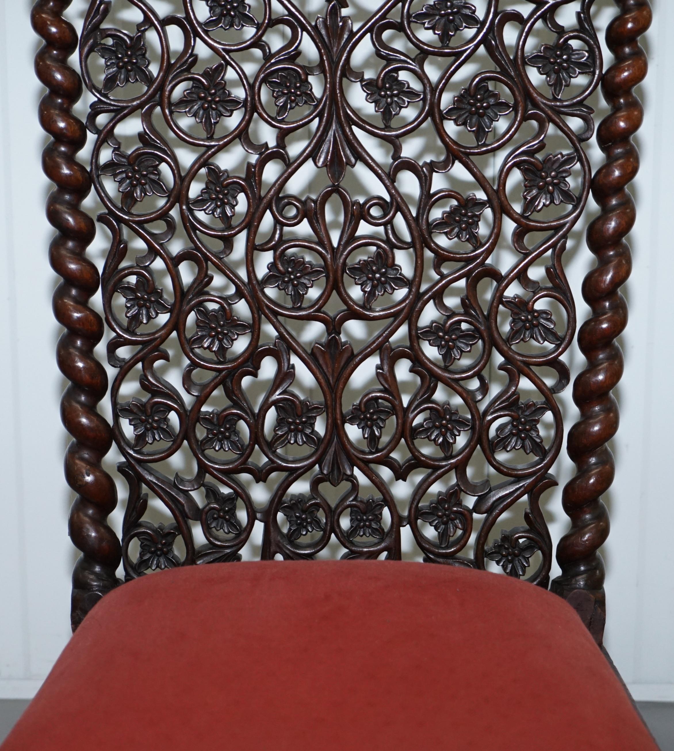 Hand-Crafted Rare circa 1880 Burmese Solid Hardwood Hand Carved Floral Chair High Back Ornate For Sale