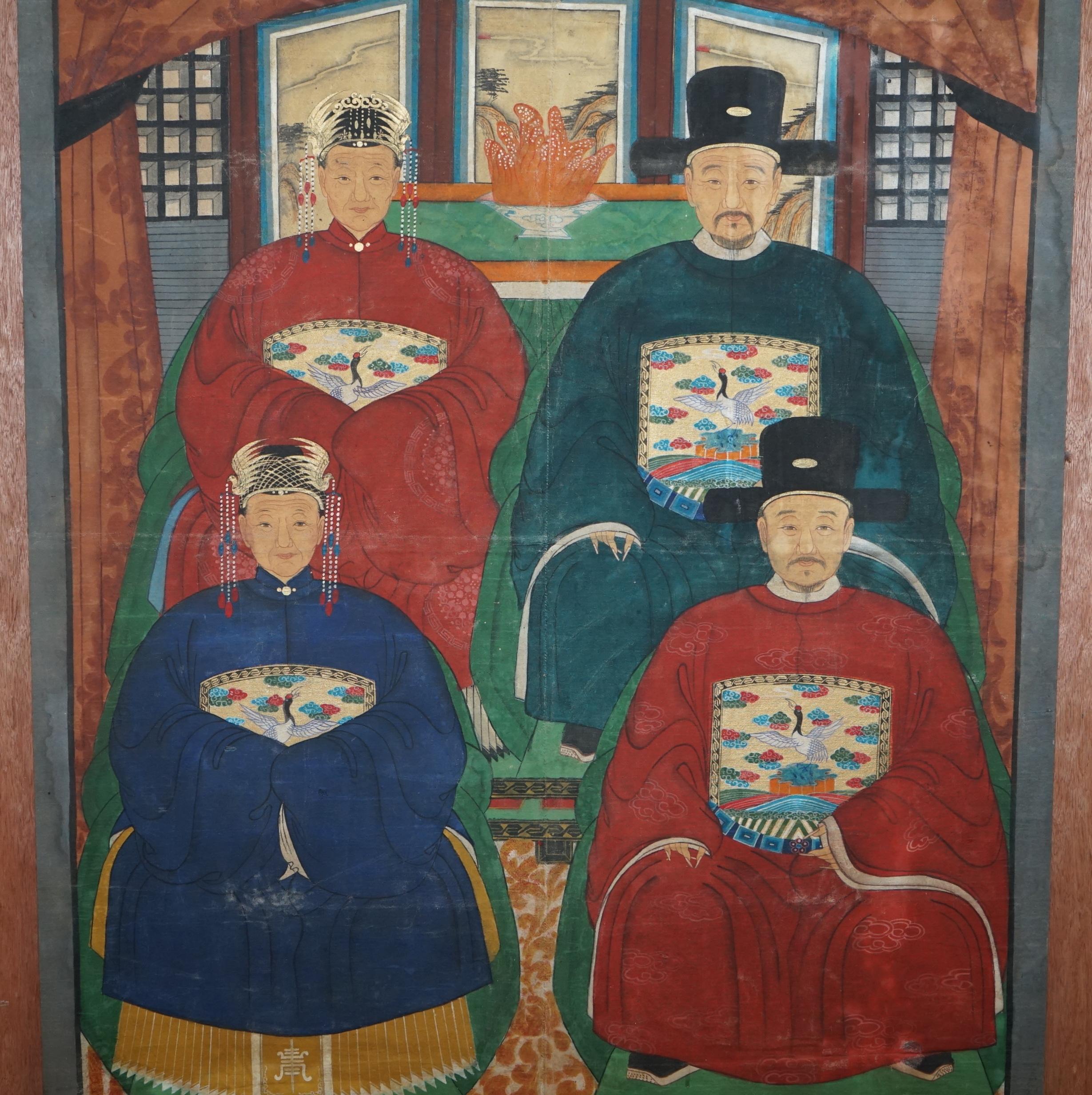 Qing Rare circa 1880 Chinese Ancestral Portrait Painting Oil on Canvas Part of Suite