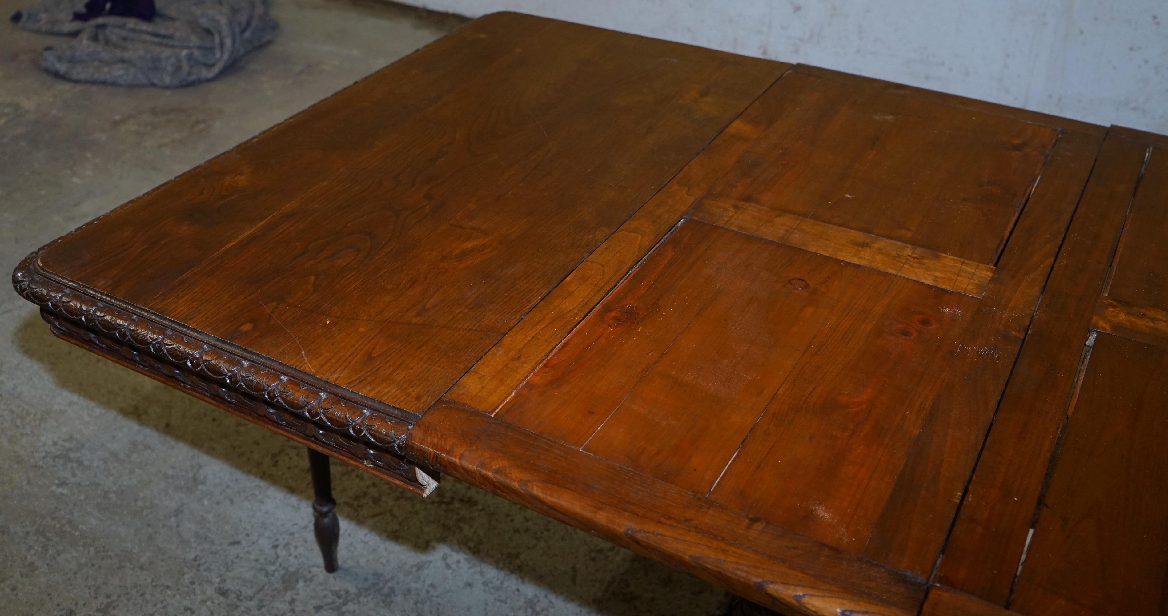 Rare circa 1880 French Brittany Hand Carved Chestnut Wood Extending Dining Table 13