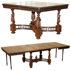 Rare circa 1880 French Brittany Hand Carved Chestnut Wood Extending Dining Table