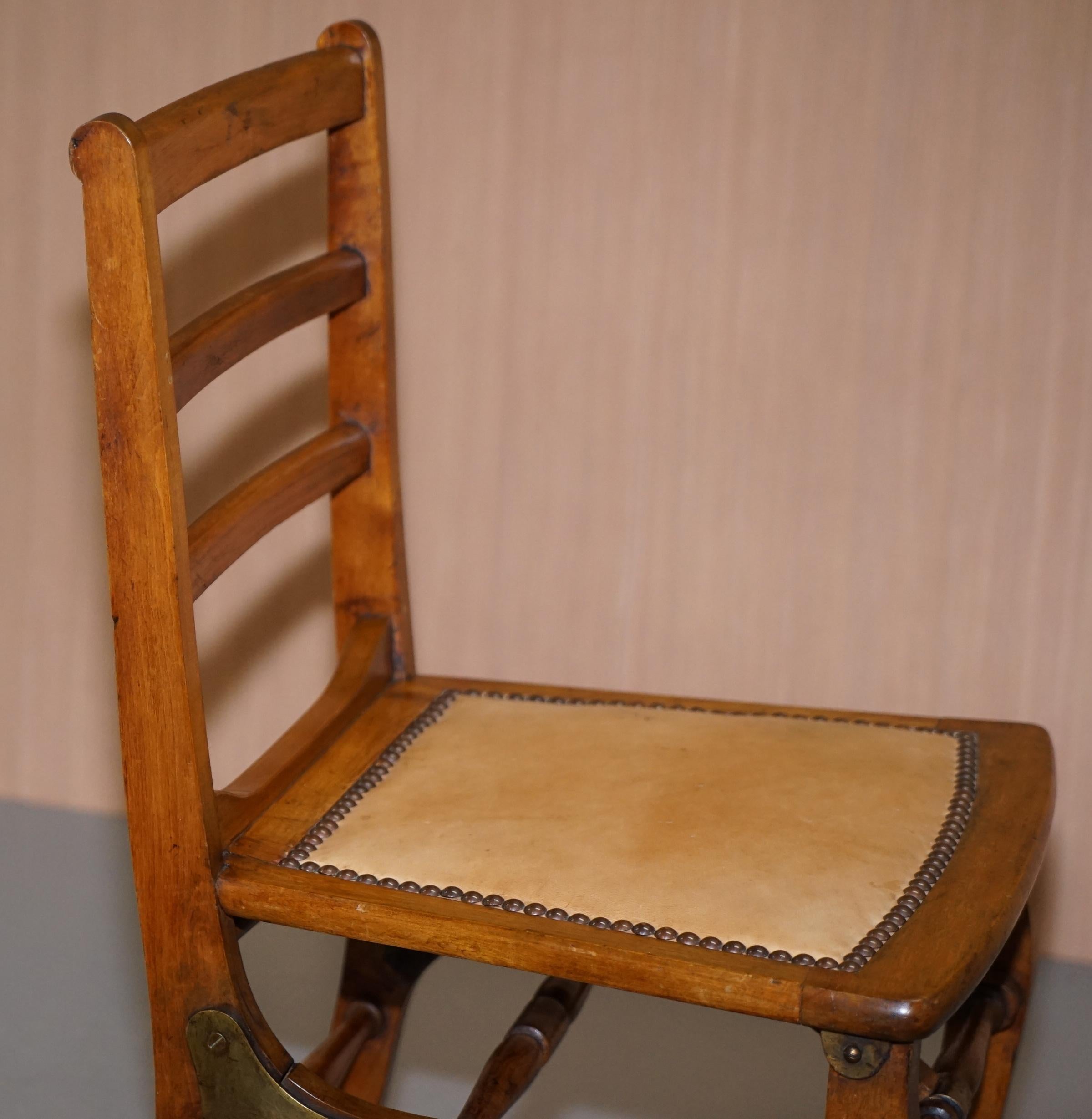 Rare circa 1890 Solid Fruitwood Brass Fitting Military Campaign Folding Chair For Sale 5