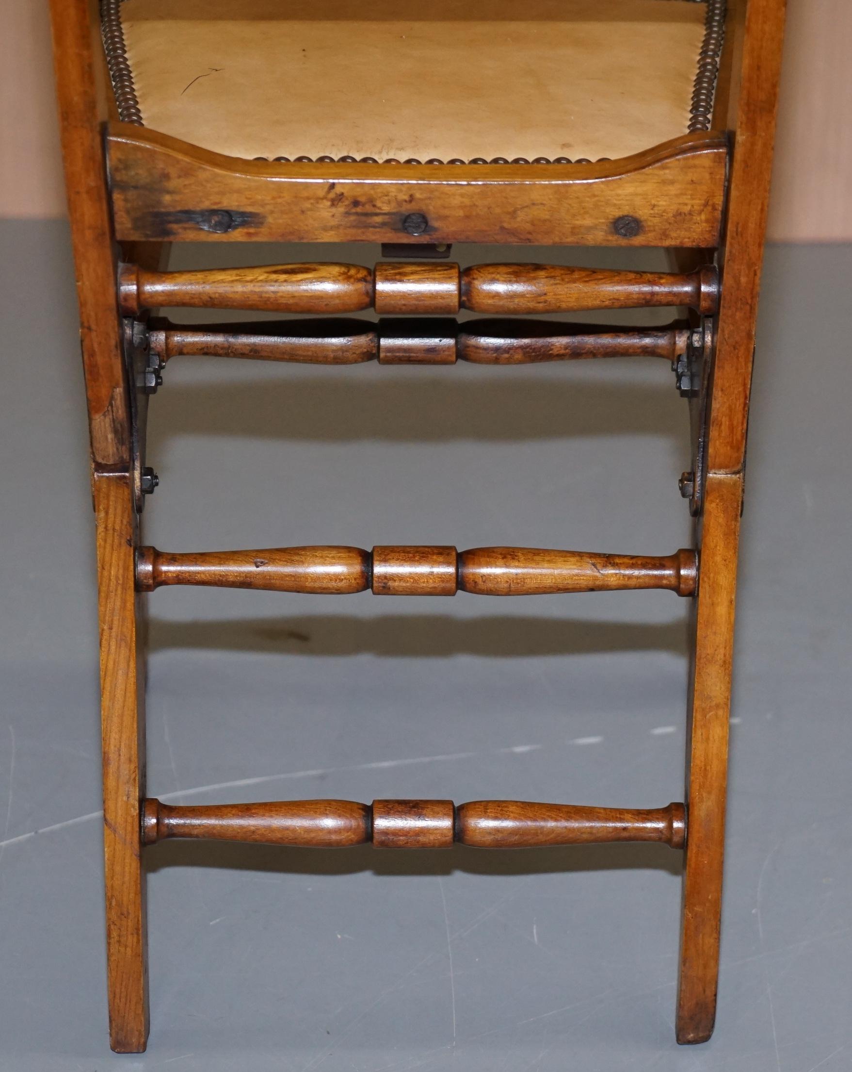 Rare circa 1890 Solid Fruitwood Brass Fitting Military Campaign Folding Chair For Sale 7