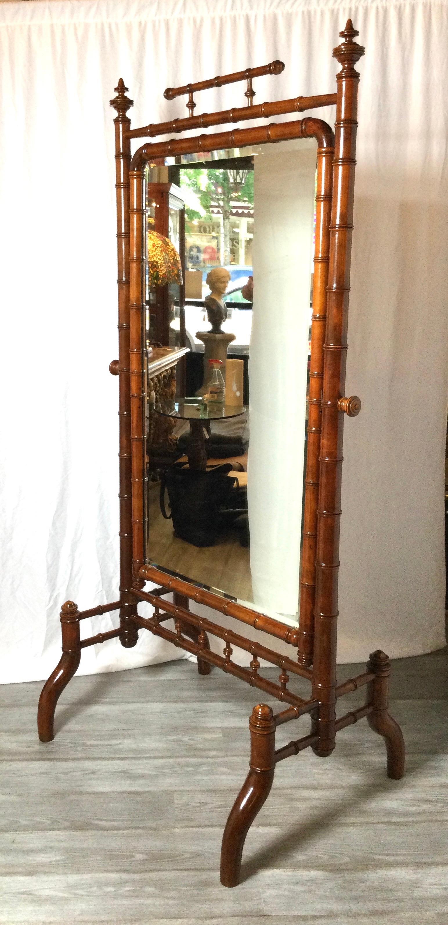 European Rare Circa 1890's Late Victorian Chestnut Faux Bamboo Cheval Dressing Mirror