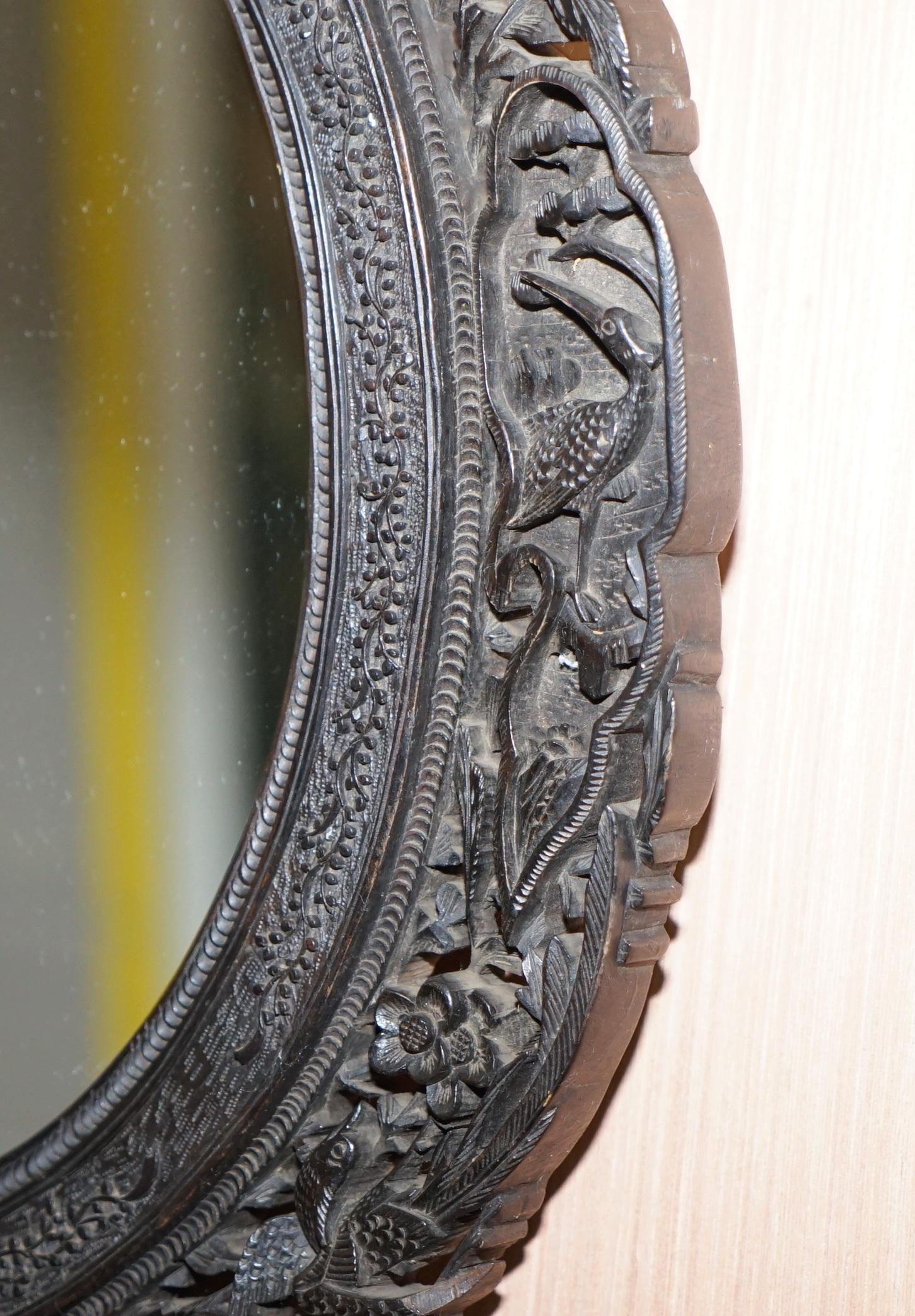 Rare circa 1900 Anglo Chinese Ornate Hand Carved Small Wall Mirror Birds Flowers 1
