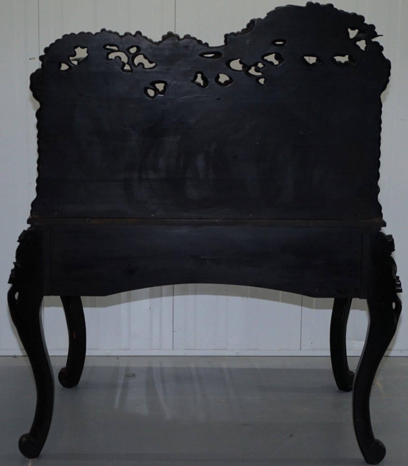 Rare circa 1900 Chinese Export Hand-Carved Writing Desk Ebonized Black Lacquer 3