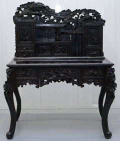 Rare circa 1900 Chinese Export Hand-Carved Writing Desk Ebonized Black Lacquer